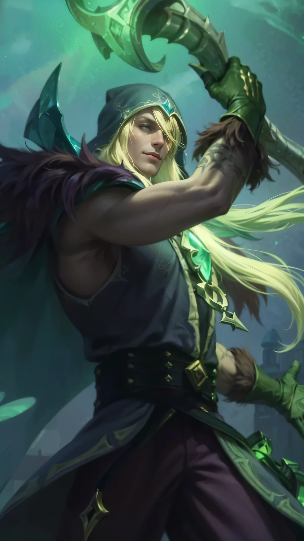 Best quality, masterpiece, detailed skin texture, detailed clothes texture, detailed face, super detail, 8k, intricate detail, 1 boy, The color doesn't change, Muscle guy, 1 guy, smile, green eyes, league of legends character, karthus from league of legends, extremely detailed artgerm, league of legends character art, splash art, male blonde elf ranger, arthas menethil, artgerm detailed, arthas, league of legends champion, style of kieran yanner.