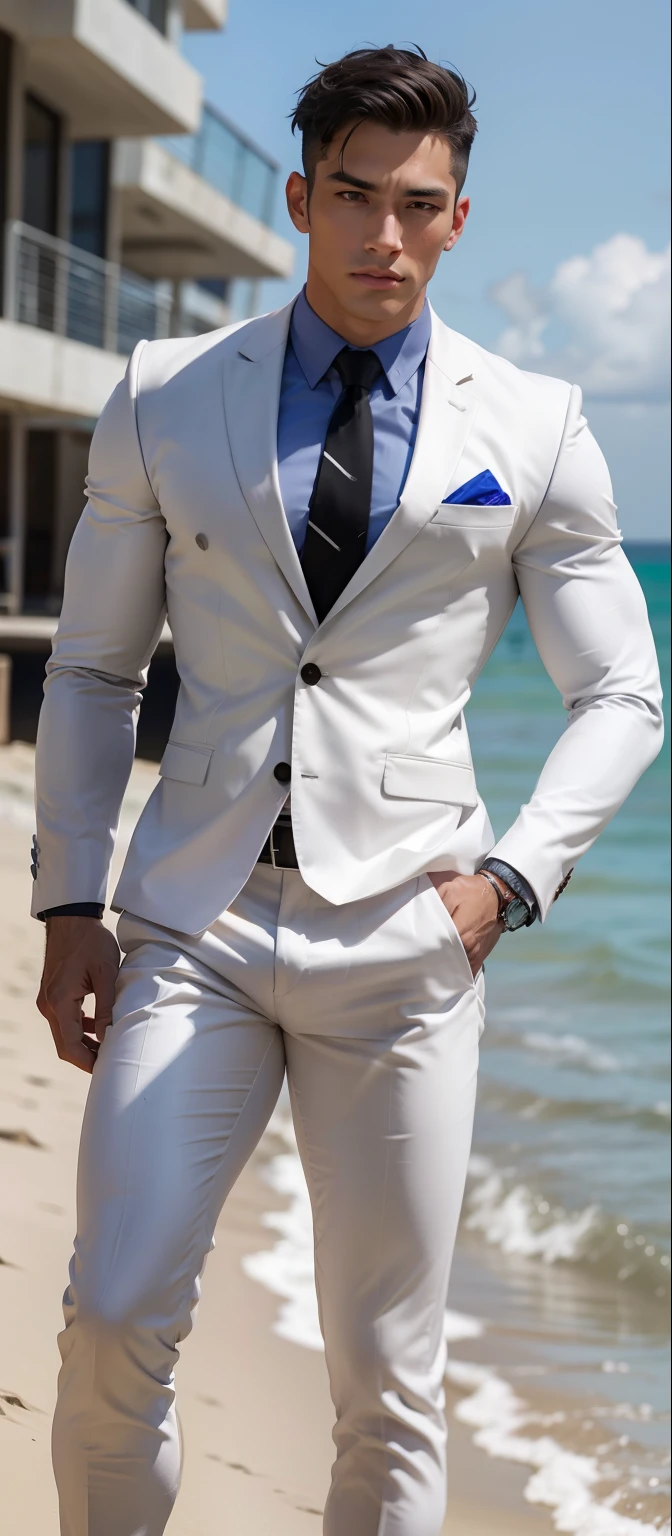 a very handsome muscular male model in gray suits and full-length necktie at beach, with short hairs