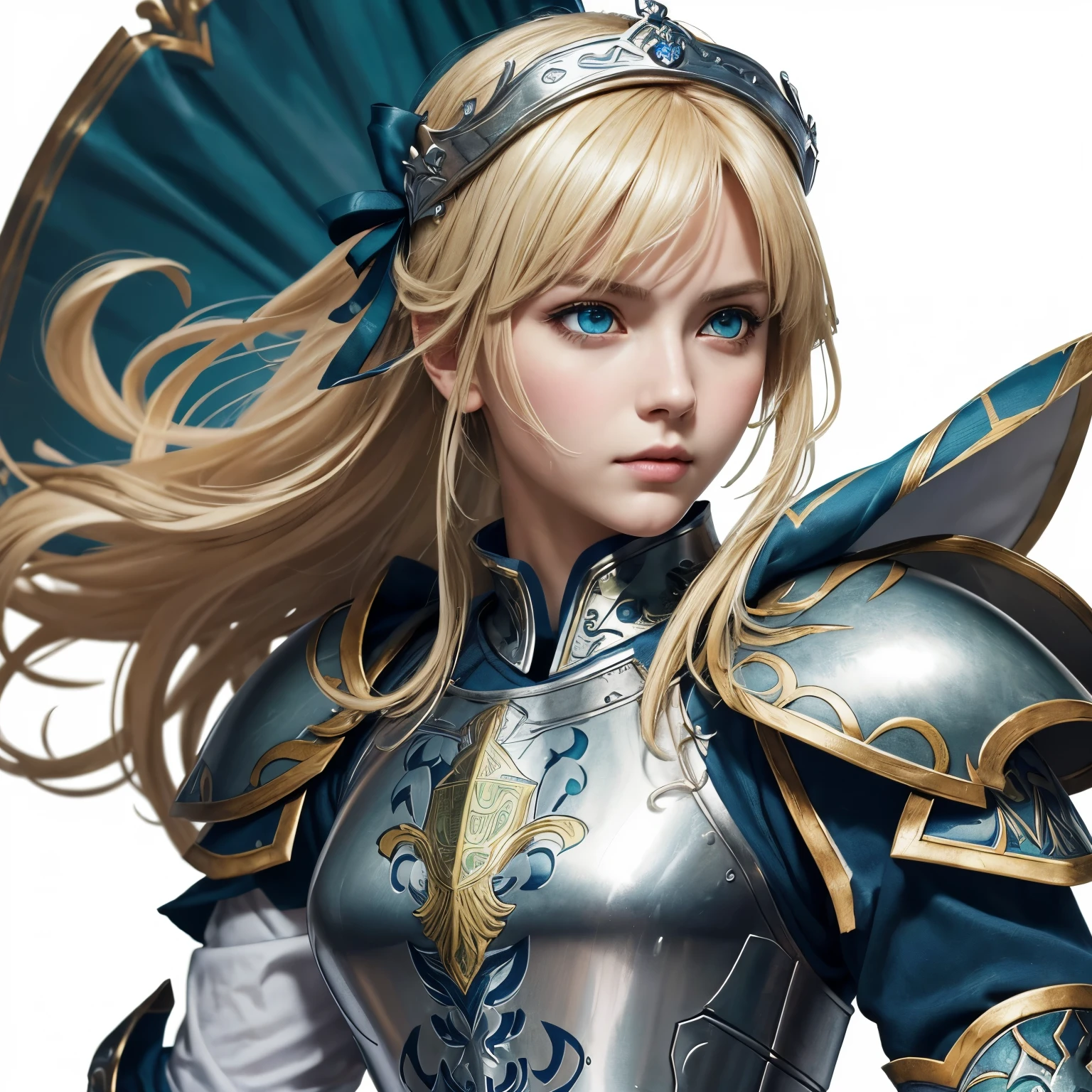 masterpiece, top-quality, One Young Woman Knight、Beautiful fece、Rin々Right、beautiful countenance、beautidful eyes、25-years old、Silver Half Plate and Dress Armor、Gorgeous blonde、long、Blue eyes、thoughtful、White horse、magical fantasy、in isekai、Medieval Europe、((FULL BODYSHOT))、Dynamic angles、