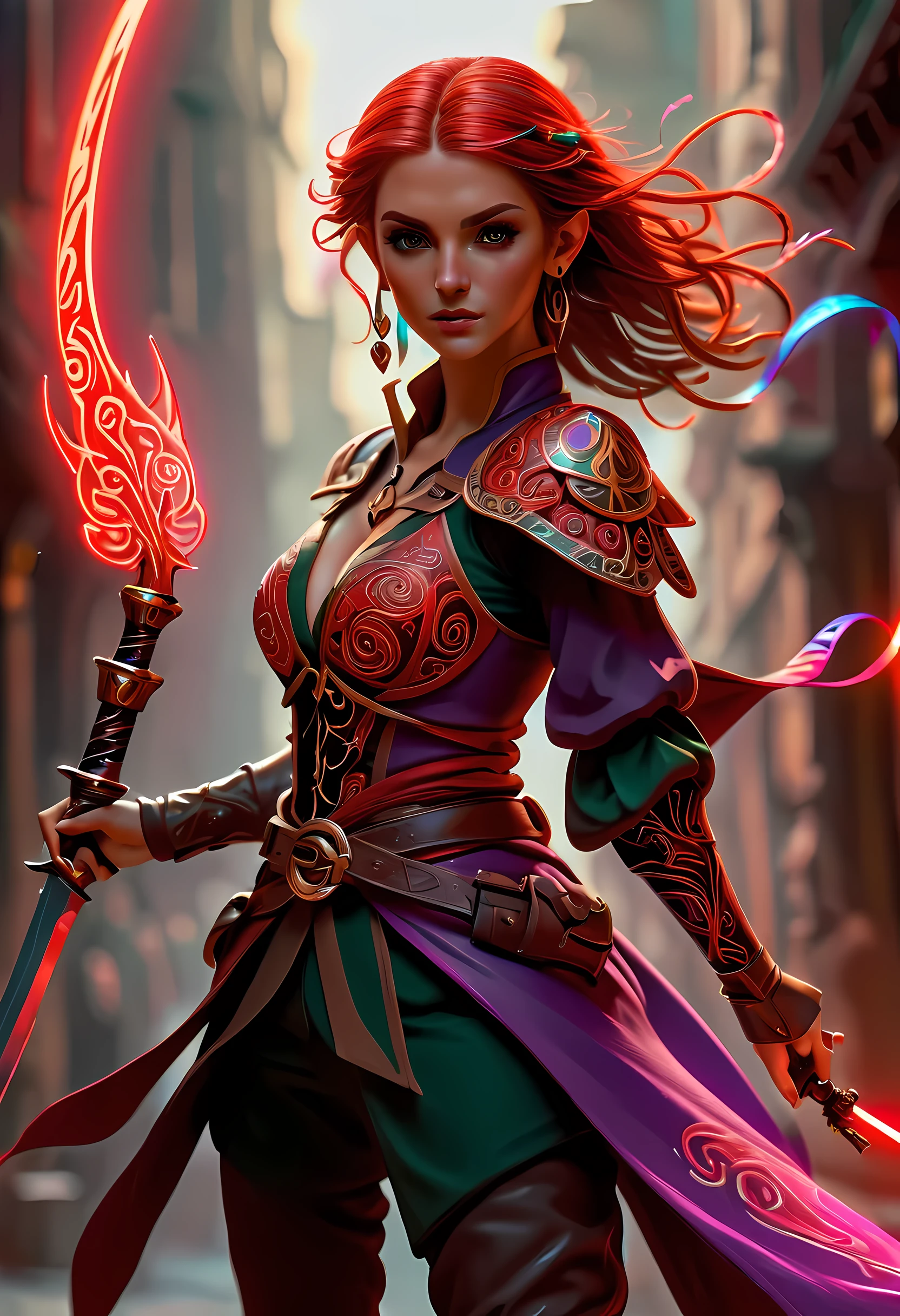 a picture of a female elf (intense details, Masterpiece, best quality: 1.5) fantasy swashbuckler, fantasy fencer, armed with a slim sword, shinning sword, metallic shine, colorful clothes, dynamic clothing, an ultra wide shot, full body (intense details, Masterpiece, best quality: 1.5)epic beautiful female elf (intense details, Masterpiece, best quality: 1.5), rich hair, braided hair, small pointed ears, GlowingRunesAI_red  [colorful magical sigils in the air],[ colorful arcane markings floating] (intricate details, Masterpiece, best quality: 1.6), holding a [sword] (intricate details, Masterpiece, best quality: 1.6) holding a [sword glowing in red light]fantasy urban street (intense details, Masterpiece, best quality: 1.5),  purple cloak, long cloak (intense details, Masterpiece, best quality: 1.5), sense of daring, sense of adventure,  high details, best quality, 8k, [ultra detailed], masterpiece, best quality, (extremely detailed), dynamic angle, ultra wide shot, photorealistic, RAW, fantasy art, dnd art,fantasy art, realistic art,