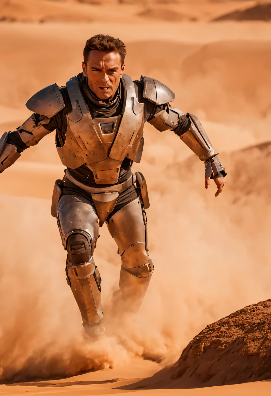 Film Shot Sony PXW-Z190, fight scene from a science fiction film directed by Roland Emmerich, Jean-Claude Van Damme, 25 years, kicks an old rusty cyborg in the desert of Mars, hot, sweat, day, Dynamic Scene, A high resolution, 32K, granularity, cinematic treatment