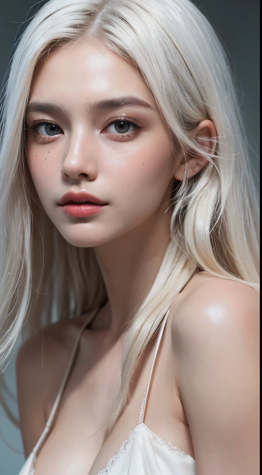 (Raw photos taken with a single-lens camera:1), (best quality), (lifelike), (8K high resolution:1), (Delicate skin and skin pores and goosebumps:1.2), (hd facial:1), (Detailed face), soft light, exposure blending, medium shot, (intricate details), A pair of likers, long white hair , breezy beach, like, shame,