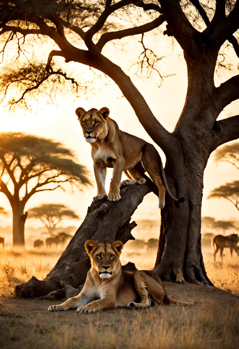 cinematic film still {A film shot featuring a serene moment in a realistic, sprawling African savannah at dawn, a pride of lions resting under an acacia tree, warm sunrise colors bathing the scene, shot with a Nikon D3, Focal length 70mm} . shallow depth of field, vignette, highly detailed, high budget, bokeh, cinemascope, moody, epic, gorgeous, film grain, grainy