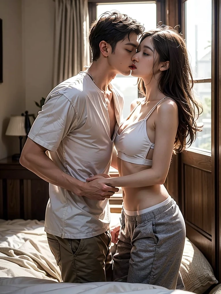 Highly detailed CG Unity 8k wallpaper, highest quality, on the table, (original photo:1.2),actual, Photographic Realism,male and female couple、one room、on the bed、Boy kisses girl。Boy in shirt and pants、(The girl is wearing a white bikini、Perfect body:1.2)。
