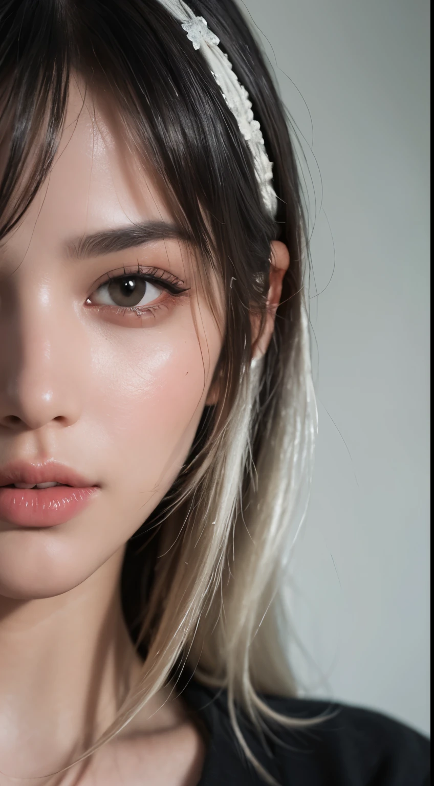 (Raw photos taken with a single-lens camera:1), (best quality), (lifelike), (8K high resolution:1), (Delicate skin and skin pores and goosebumps:1.2), (hd facial:1), (Detailed face), soft light, exposure blending, medium shot, (intricate details), A pair of likers, long white hair , breezy beach, like, shame,