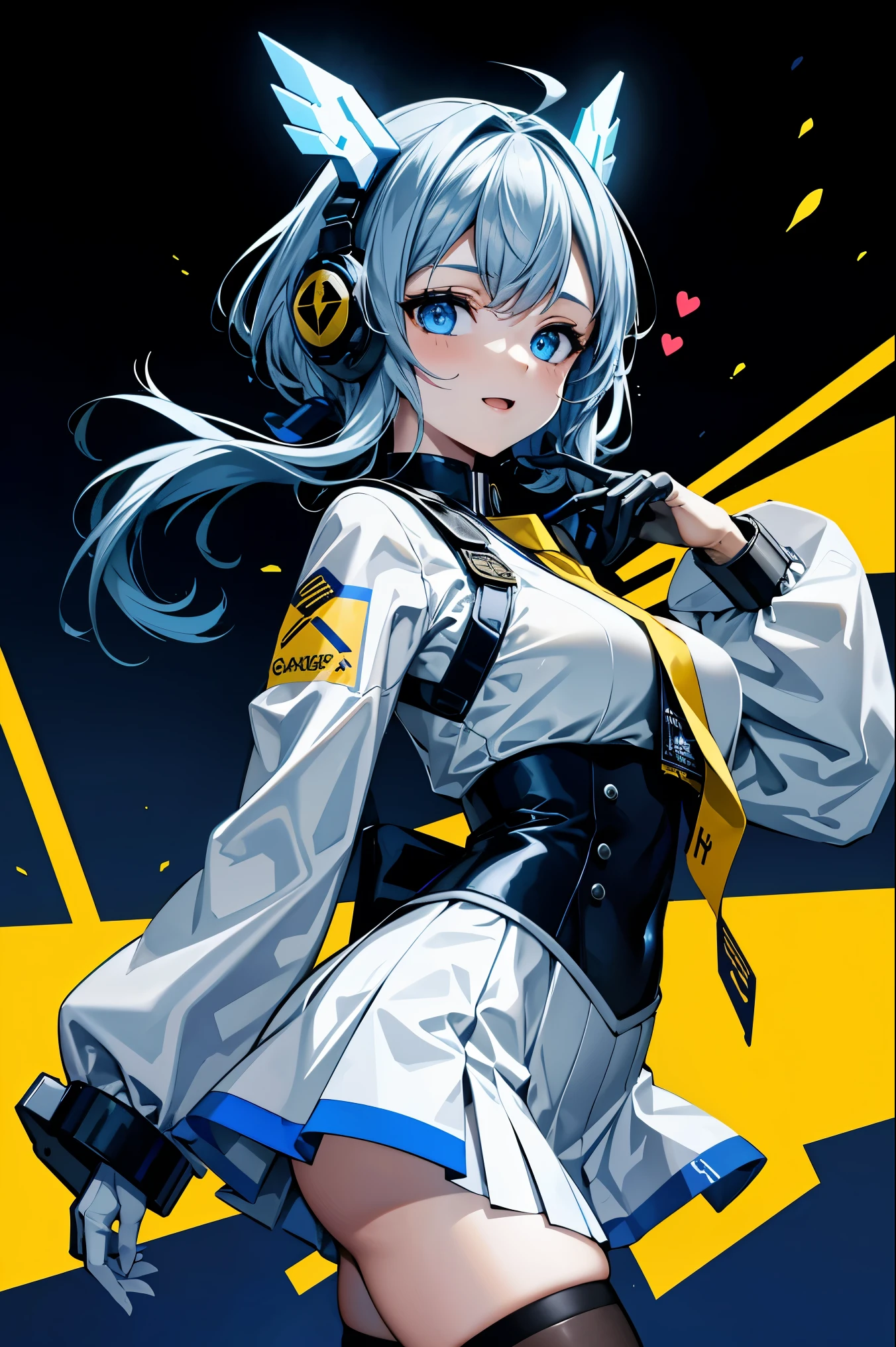 (cityscape:1.2), NSFW, (Face of love, I'm so happy:1.5), (mecha musume, cyborg girl), teen, stylish angle, stylish pose, (headphone, mechanical fuselage, mechanical clothing), looking at the viewer, bangs cut off, blue mini skirt, plastic corset, Beautiful light effect, glowing skin, (Furisode, removable long sleeves, very wide sleeve:1.2), (caution decal, corporate logotype:1.5), (small open mouth:0.8),
