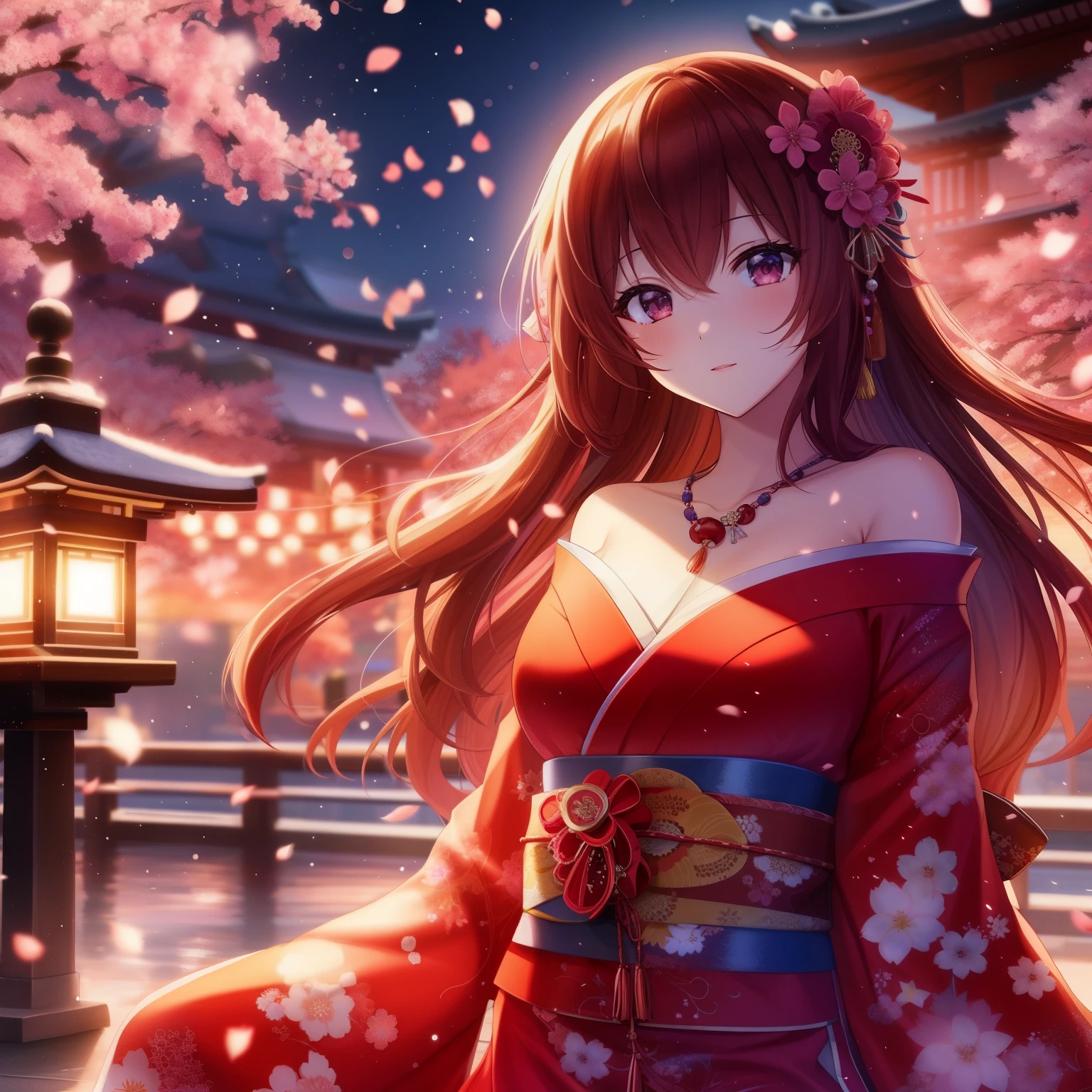 Anime girl in kimono sitting on bench in front of pagoda, anime style 4k, anime wallpaper 4k, anime wallpaper 4k, anime art wallpaper 4k, Anime Art Wallpaper 4k, anime art wallpaper 8k, 4k anime wallpaper, Beautiful anime girl, Beautiful anime, Beautiful anime woman, Sakura petals surround her, HD anime wallpaper