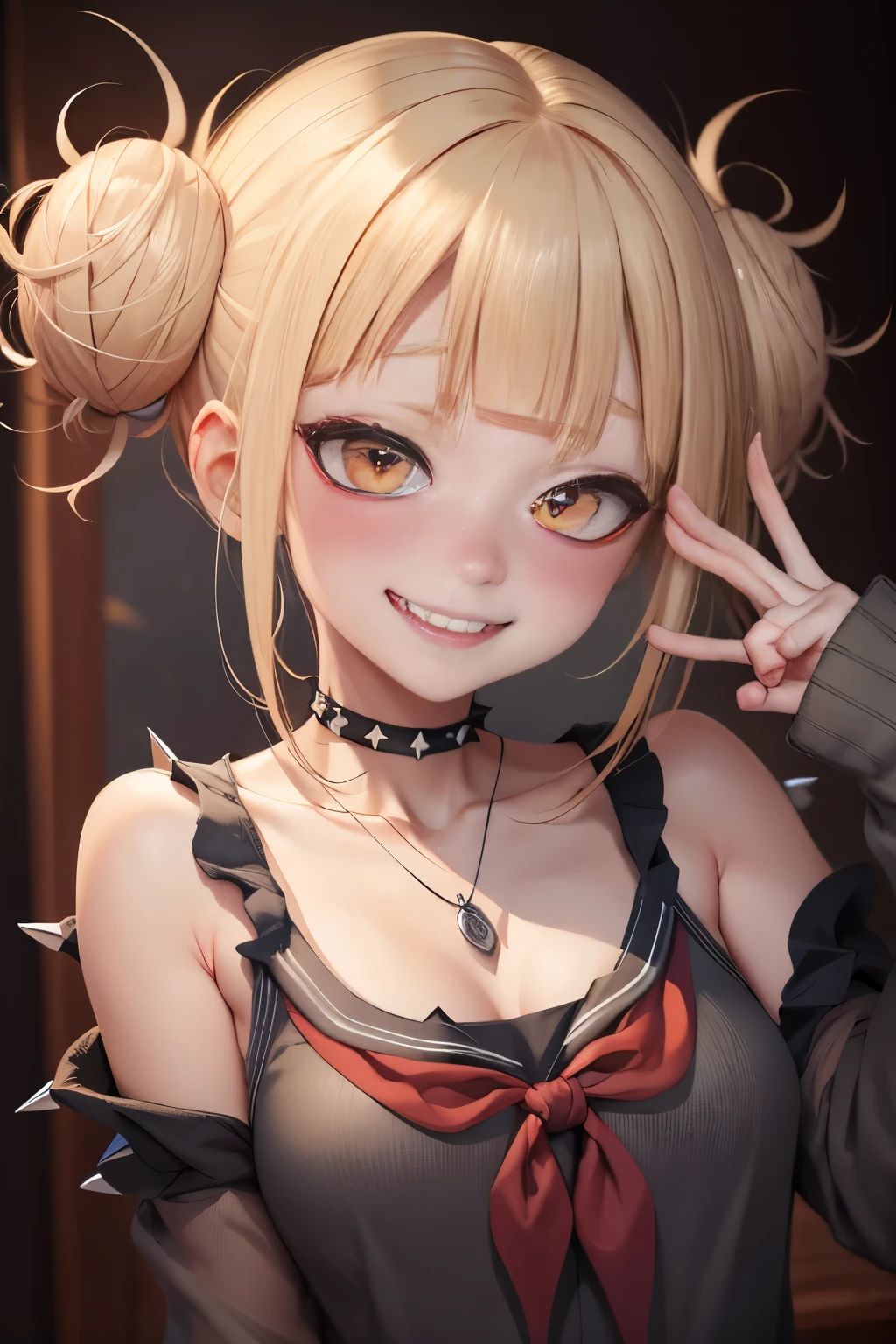 masterpiece, top quality, best quality, 1girl, Toga, (fangs), (unusual pupils), (smile), messy hair, (spikey choker), crazy blushing,