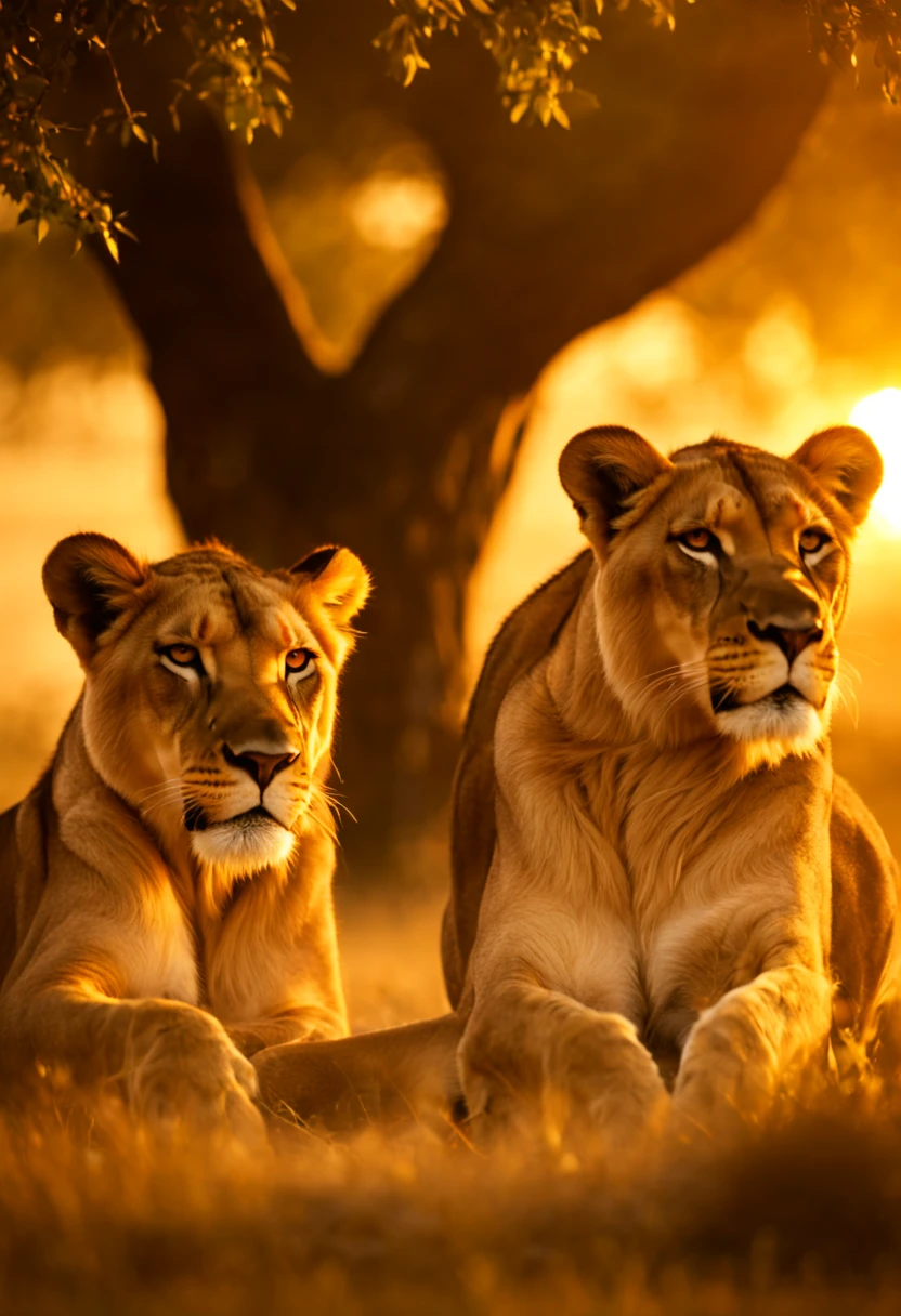 cinematic film still {A film shot featuring a serene moment in a realistic, sprawling African savannah at dawn, a pride of lions resting under an acacia tree, warm sunrise colors bathing the scene, shot with a Nikon D3, Focal length 70mm} . shallow depth of field, vignette, highly detailed, high budget, bokeh, cinemascope, moody, epic, gorgeous, film grain, grainy