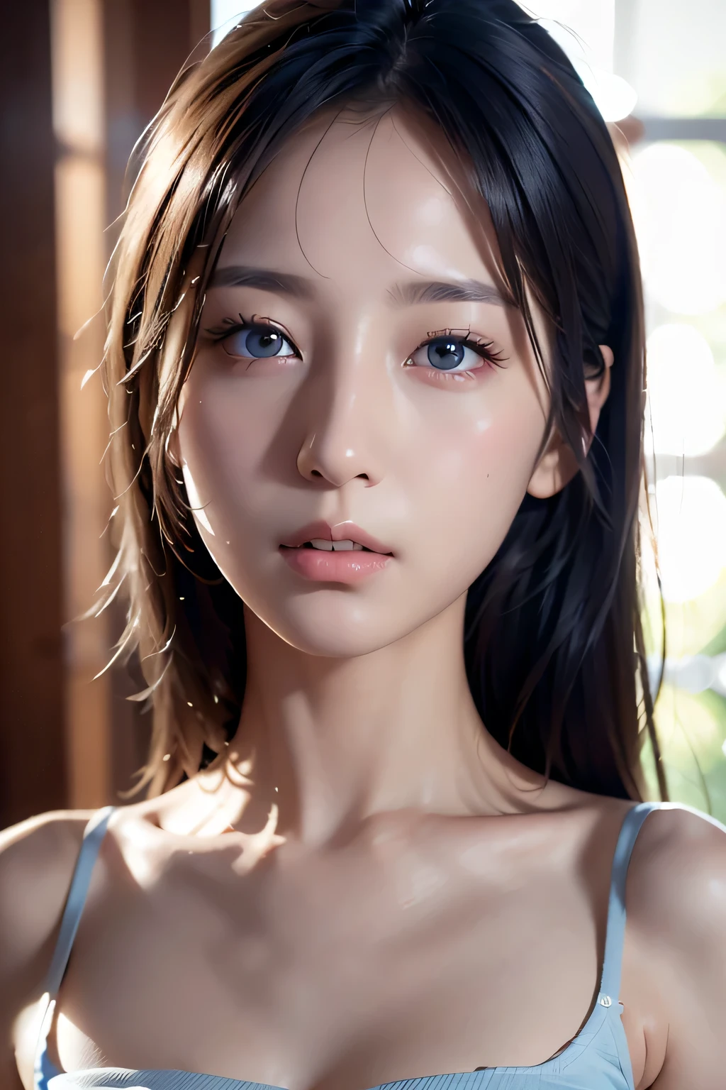 ８ｋ、High resolution、maid clothes fashion、beautiful girl、Android Body、young、white skin,、narrow eyes,high nose,lighting that illuminates the face、clear image、intellectual beauty、skinny、no makeup、anxious look、lighting that illuminates the face,shining hair、single eyelid,blue eyes