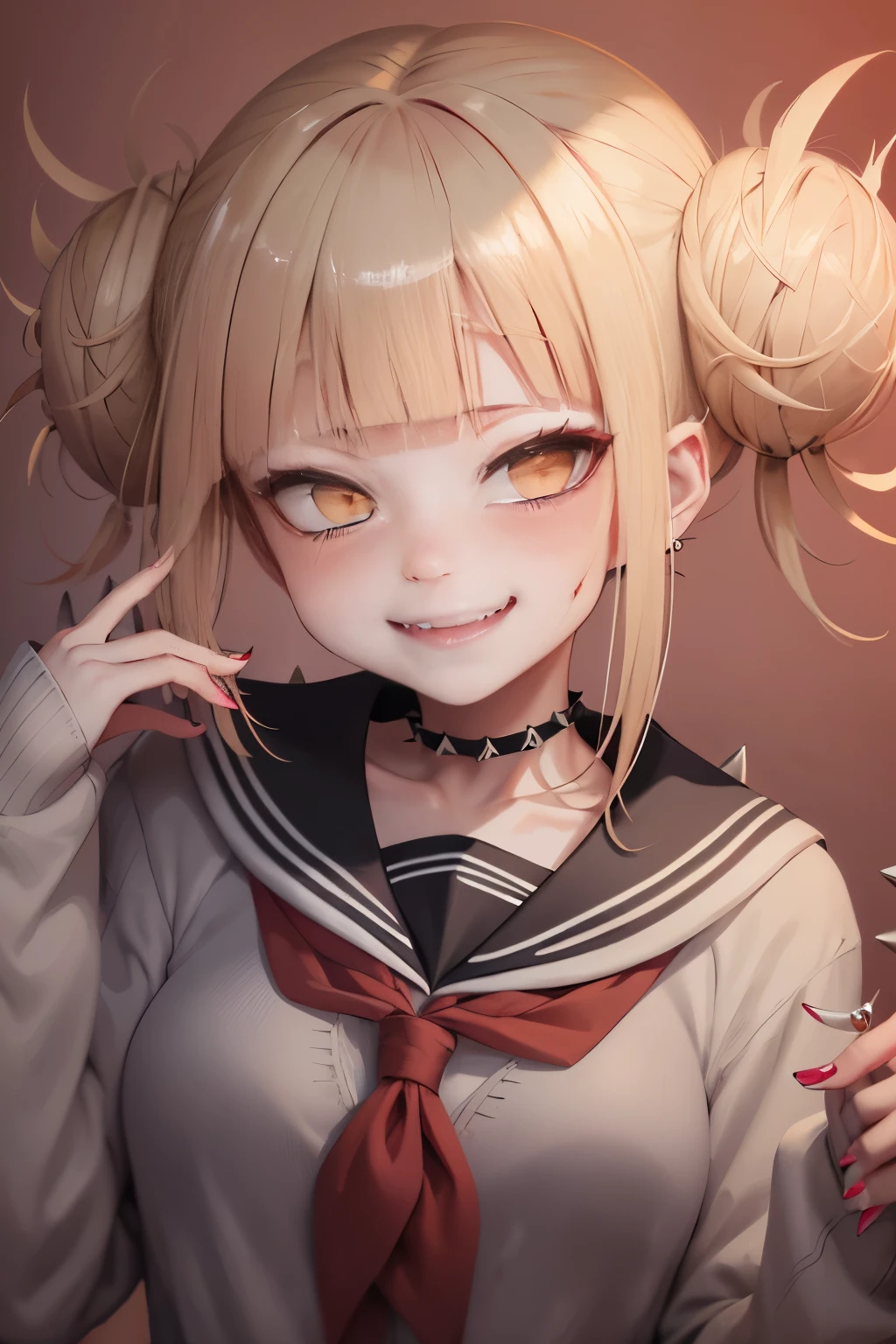 masterpiece, top quality, best quality, 1girl, Toga, (fangs), (unusual pupils), (smile), messy hair, (spikey choker), crazy blushing,