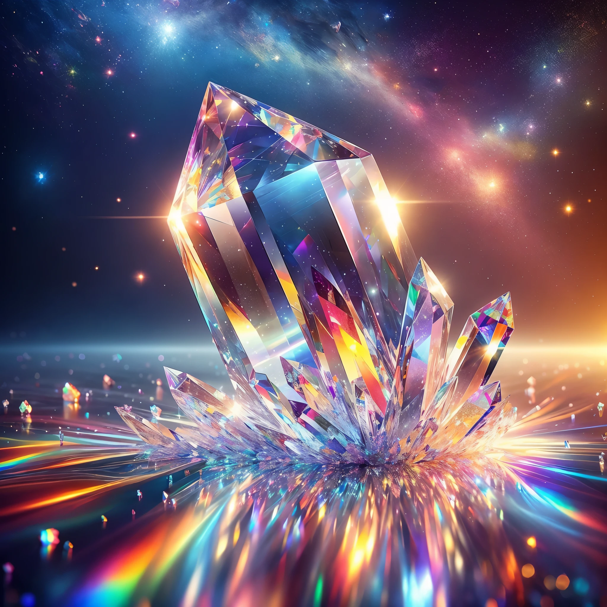 Close-up of crystals with stars on colorful background, Cosmocrystalline, Colorful 3D crystal, shining crystal, magic crystal, luminous Sparkling crystals, Colorful 3D crystal and gems, Colorful 3D crystals and gemstones, crystallized, Color redshift rendering, Crystals illuminate the scene, Colorful refracted sparks, Sparkling crystals, crystal particles