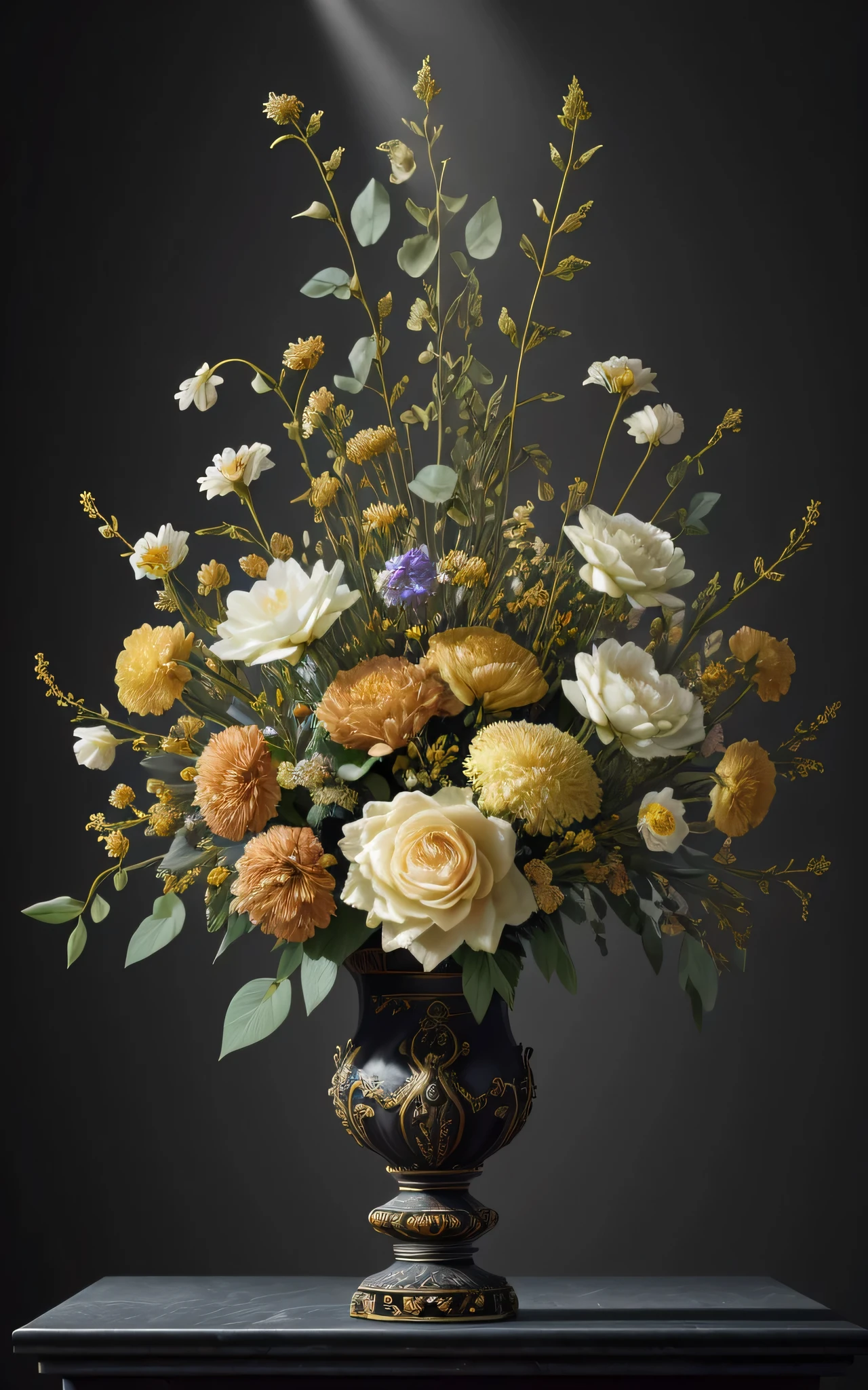 Still life with a baroque bouquet in vase standing on bold drapery, Black background, very detailed, sharp focus, impressive lighting, professional, 4k, Maximum detail, divine rays, A high resolution,High detail, sharp focus, smooth, aesthetic, extremely detailed, baroque, detailed facial features, manual model, , gentle, innocent, complex parts, Spring flowers bloom