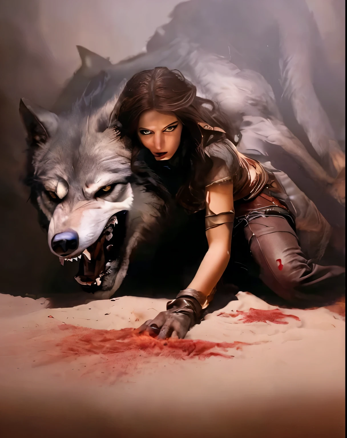 Arafedka with a wolf on her back, a girl and a wolf, a knife point sticking out of the wolf's head, Художник-график Magali Villeneuve, Realistic fantasy work, Angiwulf, realistic fantasy illustration, very beautiful berserk woman, evil moral sexy werewolf, Magali Villeneuve, Tom Bagshaw and Boris Vallejo, werewolf&quot;