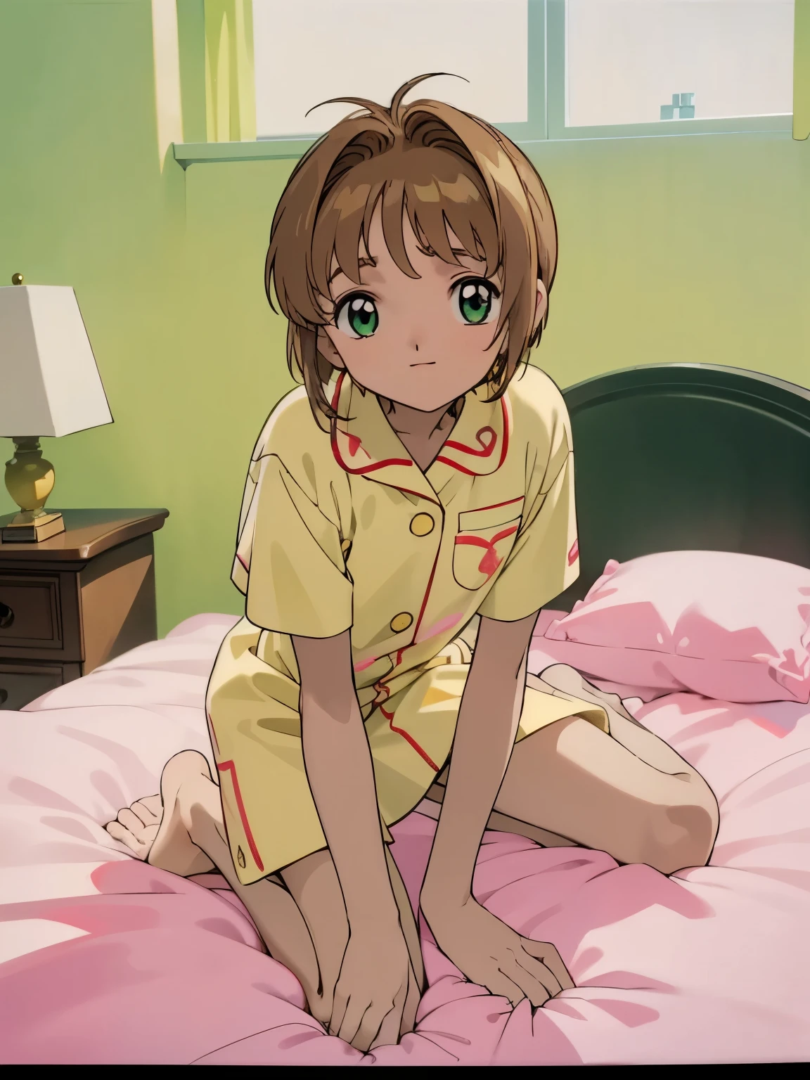 13 years old, 160 cm tall, beautiful, cute, happy expression. 1 female. Light brown hair. Yellow-green eyes. Short cut. Matching bangs. Pajamas with pink top , barefoot. White panties. Cute. Looking at the camera. Lying on the pale pink bed. Photo quality, high resolution. A masterpiece. Illustration. 