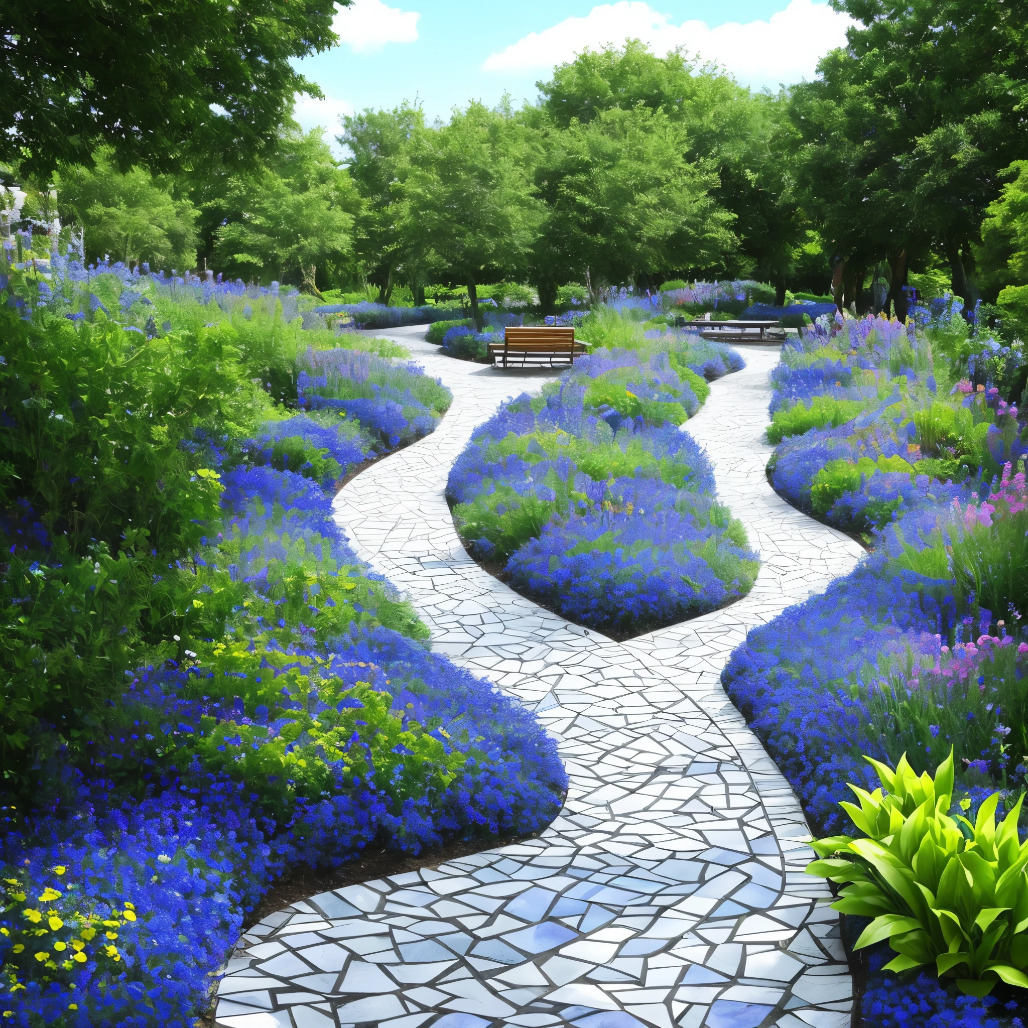 arafed walkway with blue flowers and benches in a garden, a mosaic by Paul Emmert, flickr, land art, blue flowers bloomed all over, gorgeous!!!, beautiful!!, very very very beautiful!!, stunning!!, beautiful! coherent!, very very beautiful!, stunning!, very very very beautiful!, very very very very beautiful!!, incredibly beautiful, beautiful!!!