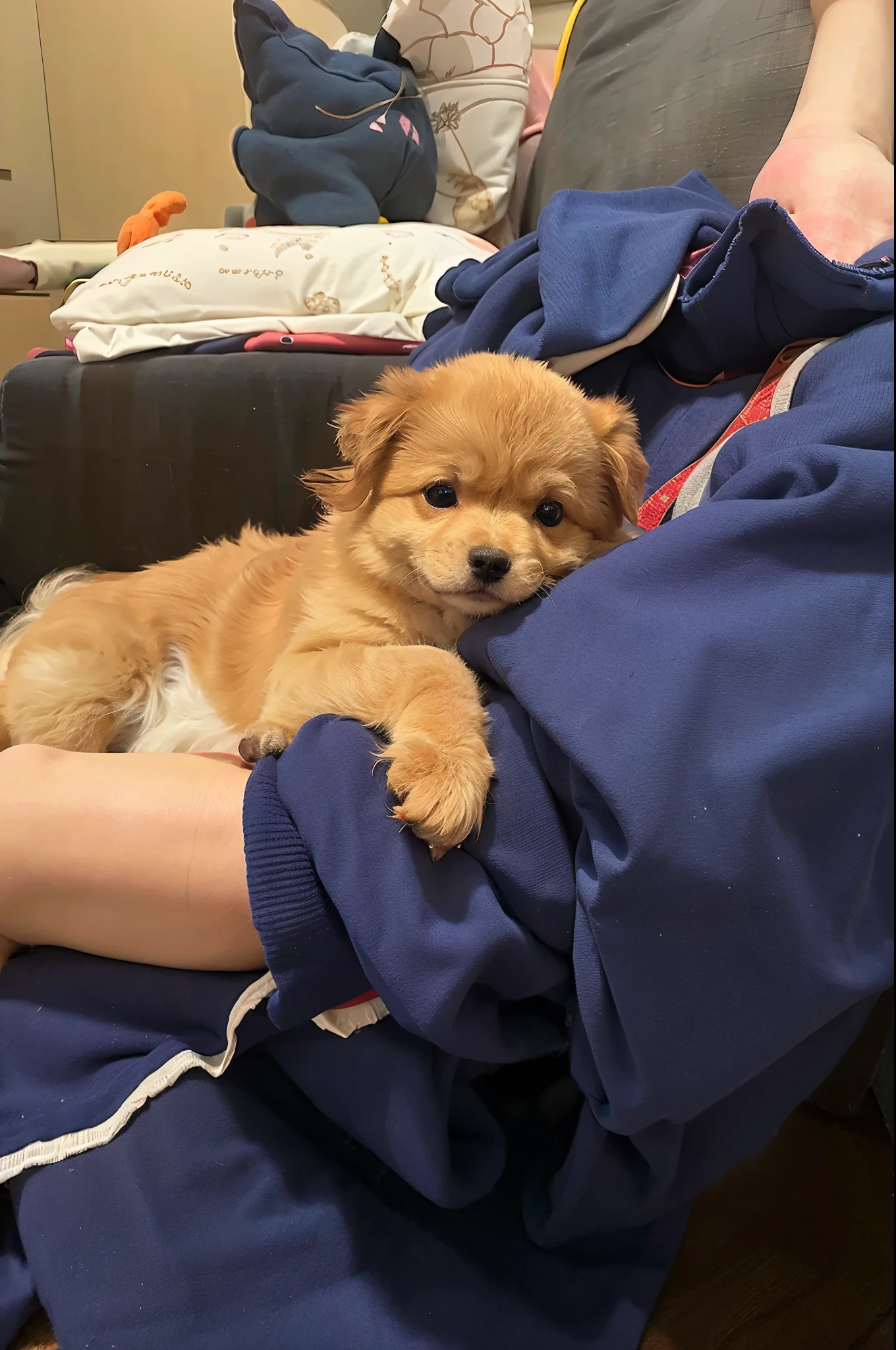 anime、An illustration、There's a woman with a small dog on her lap, Taken in the early 2020s, Very little, hold it out to the camera, she is about , look defiantly at the camera, zoomed out shot, 16 years oldery low quality images, just a cute little thing