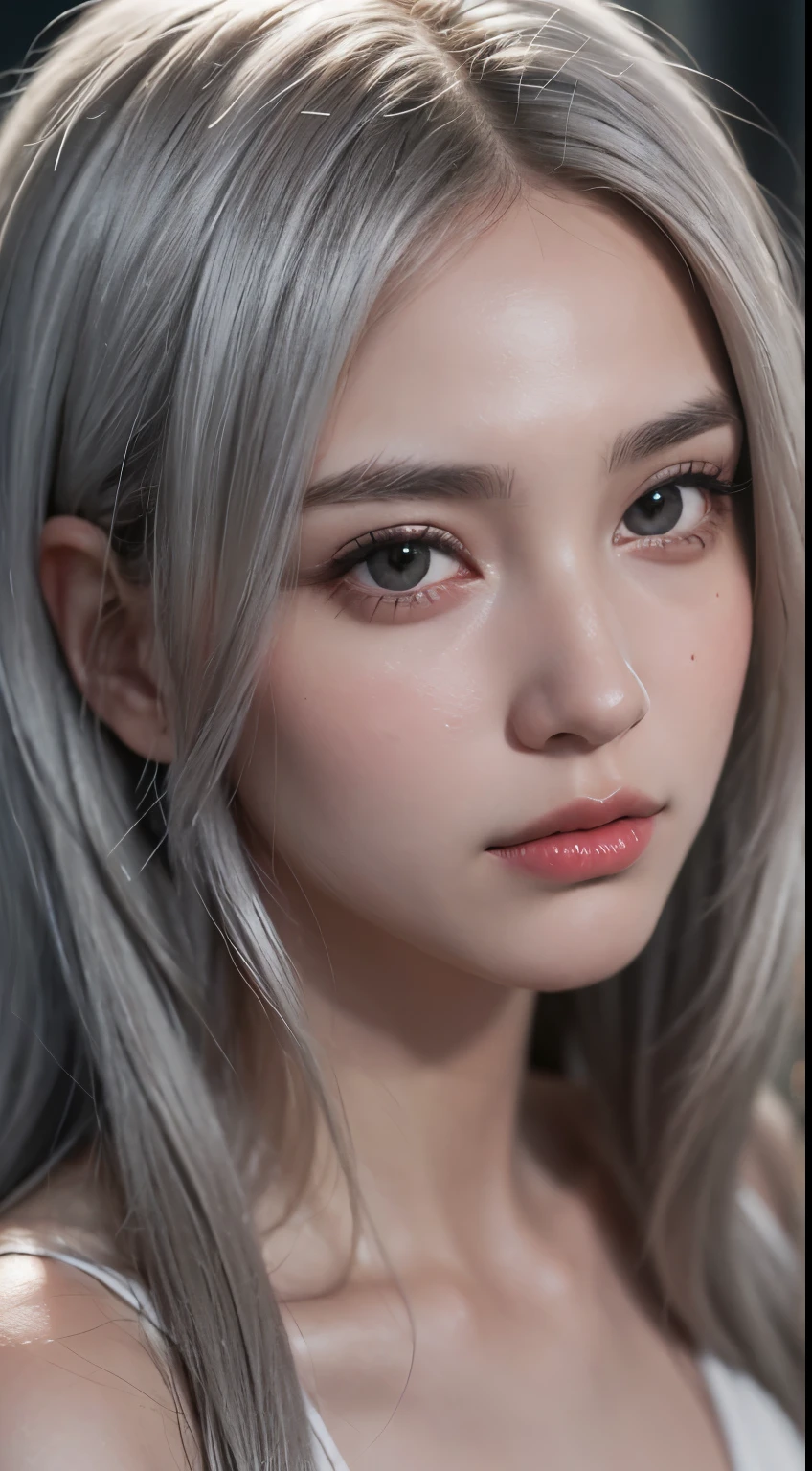 1girl, star eye, blush, perfect illumination, grey hair, red bright eyes, unreal engine, sidelighting, detailed face, bangs, bright skin, simple background, dark background, upon body, realistic big breasts.