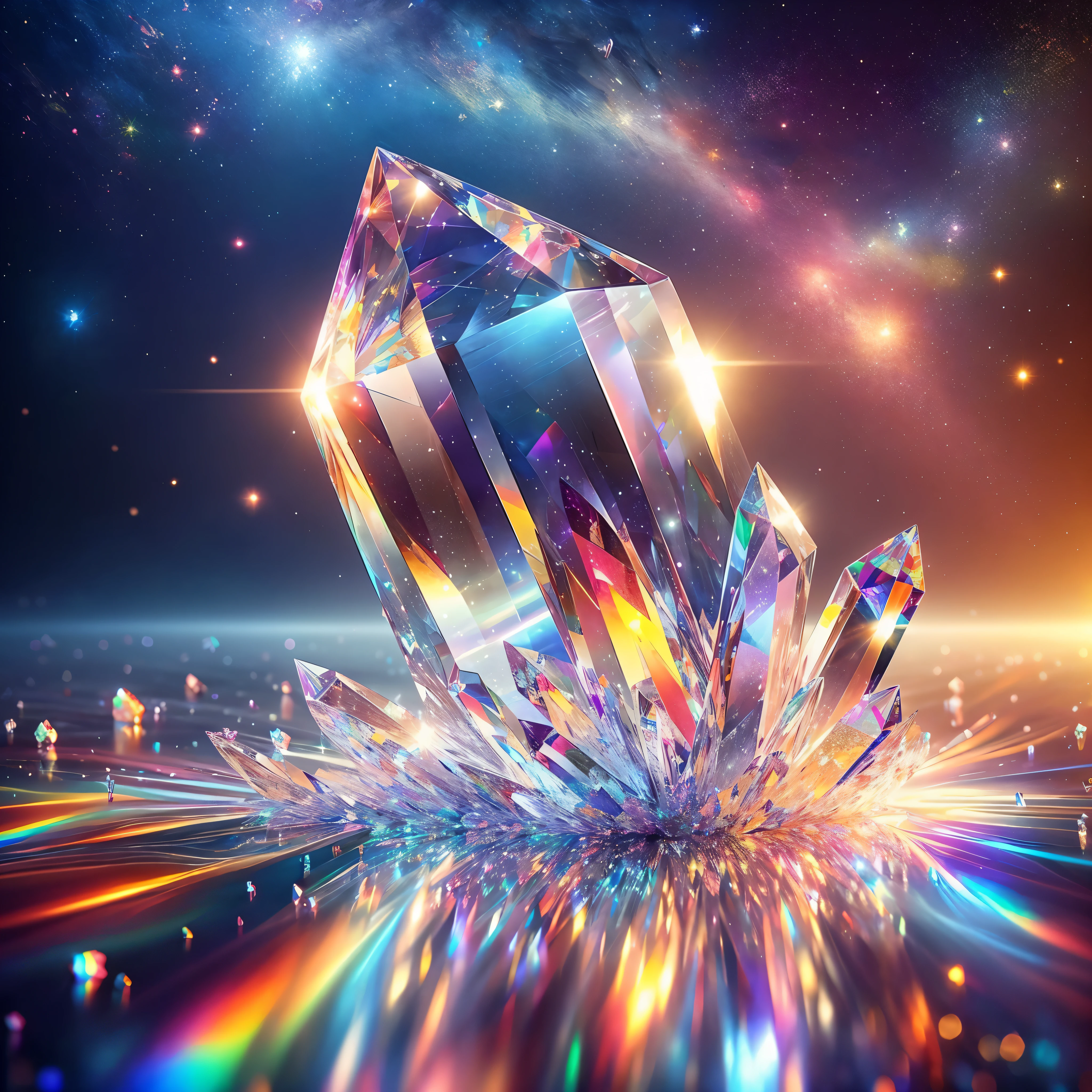 Close-up of star crystals on colorful background, Cosmic crystallization, Colorful 3D crystal, shining crystal, magic crystal, luminous Sparkling crystals, Colorful 3D crystal and gems, Colorful 3D crystals and gemstones, crystallized, Color redshift rendering, Crystals illuminate the scene, Colorful refracted sparks, Sparkling crystals, crystal particles