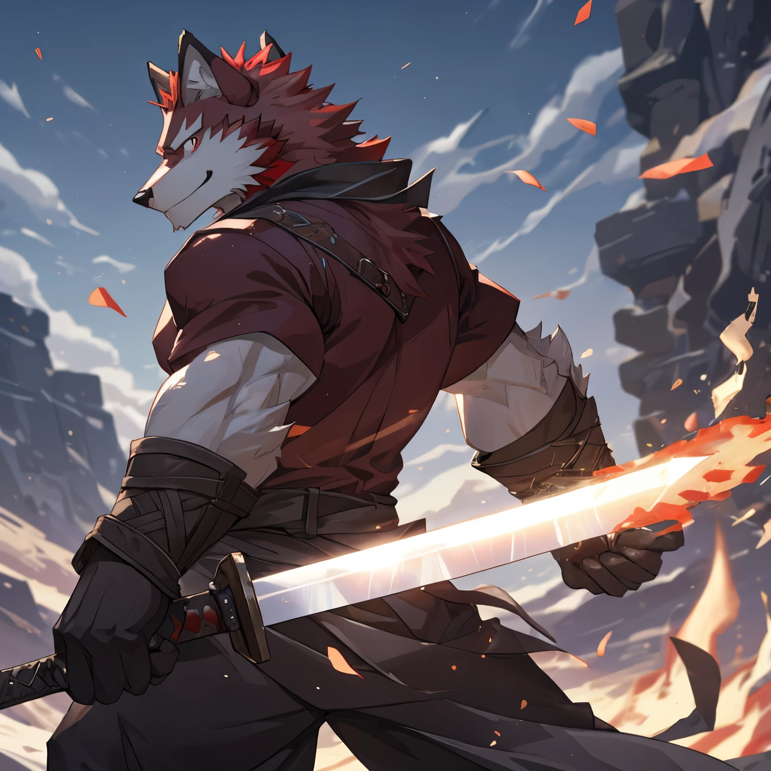 (best quality),red eyes,hairy,alone,light white fur,red fur,Smooth fur,Profile picture,Humanity (Wolf),male,alone,one person,whole body,tall and strong,one person,behind,Turn your back to the camera,squint,on a deserted battlefield,The fire is burning,A sword in one hand,Dark red shirt,black pants,cool pose,sharp focus,dynamic poses,motion blur,best shadow,(masterpiece:1.2),animation art