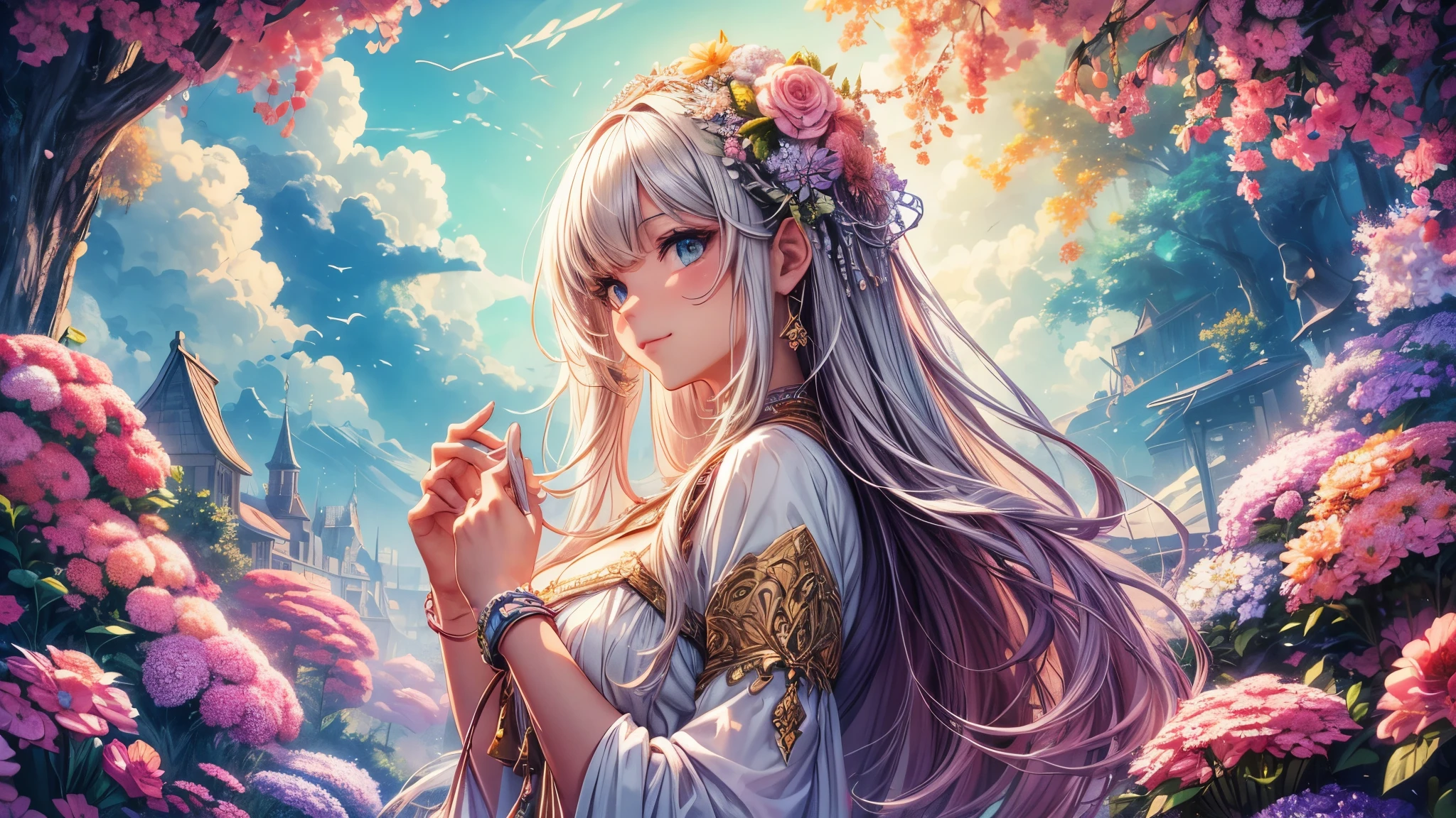 (high quality:1.2),(ultra-detailed,realistic:1.37),carby balloon,artwork,illustration,beautiful detailed eyes, vibrant colors,girl with long hair,smiling girl,artistic scenery,green garden,thick clouds,blue sky,blossoming flowers,soft sunlight,rays of light,fluffy clouds,bright colors,joyful atmosphere,whimsical art style,impressive details,peaceful landscape,serene setting,creative masterpiece,professional artwork,sunset lighting,uplifting vibes,summer theme,vivid color palette,aesthetic composition,ethereal feel,graceful beauty,calm and serene ambiance,perfect harmony between nature and art,meticulous brushstrokes,eye-catching artwork,imagination unleashed,stunning visual impact.