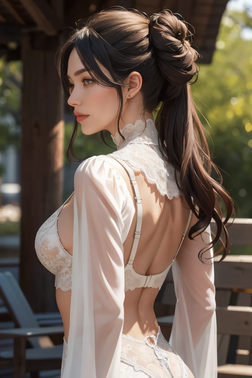 (masterpiece:1.2, highest quality), realistic, (real picture, intricate details, Depth of the bounds written，High-neck clothes), parted lips, very detailed, perfect face, perfect body, large model,
mature woman, expensive, long legs, 
natural bokeh background,Costume with large open chest,revealing costumes,The lower body is only underwear,Only the upper body is dressed,random hairstyles,back view