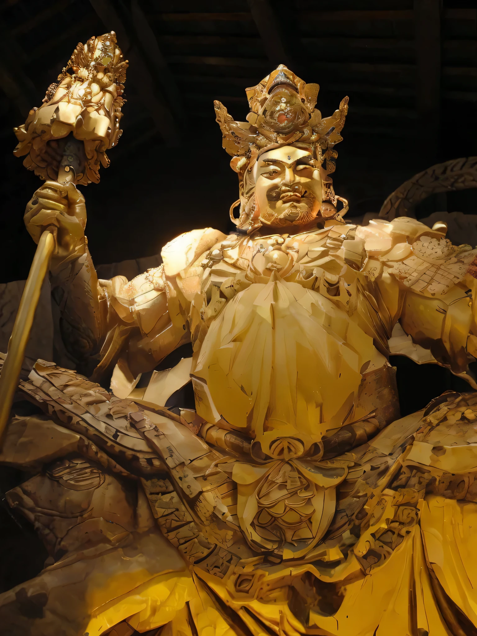 Arafeld statue of a man wearing a crown and sword, giant god of heaven, Japanese god, god emperor of mankind, asura in chinese mythology, Guan Yu, Works inspired by Sesshu Toyo, Huge statue of Yaksha Shura, chinese mythology, legendary god holding spear，Tiancun Yunming　one person