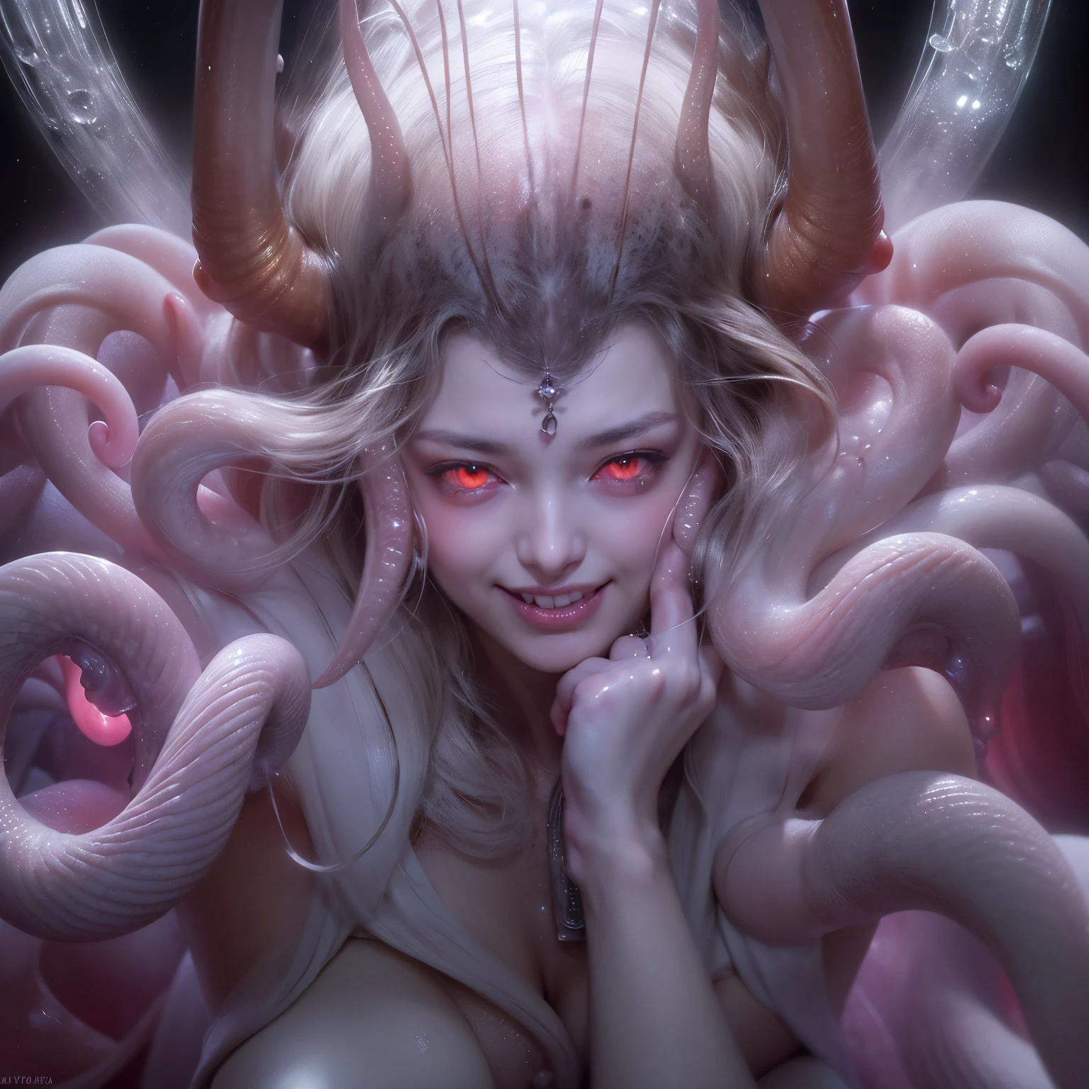 (A portrait of one beautiful and obscene female alien who is a ager:1.4), ((There is a female genital-like organ in the middle of her forehead:1.8)), (realistic face:1.2), Hyper-realistic crystal clear skin, she is so sleepy, (Numerous award-winning masterpieces, with incredible detail, textures and maximum detail), artistic photography, midnight aura, unreal engine 5, Ultra Sharp Focus, artistic photography, midnight aura, unreal engine 5, Ultra Sharp Focus, (art by Amano Yoshitaka:1.5), ArtGerm, Roisch, intricate artwork, ultra realistic realism, high resolution, High freshness, drawing faithfully, official art, Unity 8K Wall paper, ultra detailed artistic photography, dream-like, Creation of fantasy, dream Snail, (biopunk nautilus:1.3),Thrilling color schemes, Amazing mutation, well-proportioned body, goddess of the deep sea, fractal, Geometric pattern, impossible figures, (a lot of crystal clear white tentacles with luminescent organs:1.4), subtle emerald green accents, (smiling seductively:1.3),(She has the most beautiful face in the history of the universe:1.5), (she is looking down at viewers with glowing red eyes with no pupils:1.3), an evil gaze that seduces, cinematic lighting, (no makeup:1.3), (Vampire-like long canine teeth can be glimpsed through the gap between the cute lips:1.5), in the hall of the palace, Sweet breath is exhaling from beautiful lips, ecstatic expression