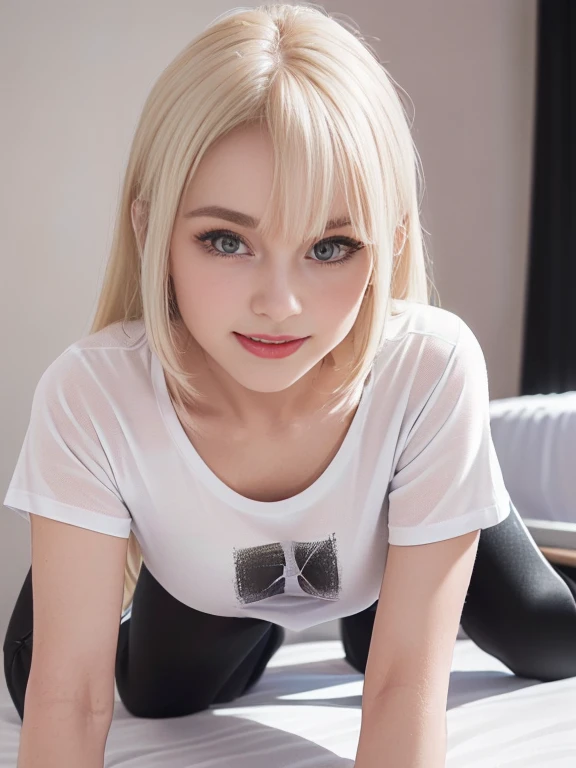(best quality, 8k, highres, photorealistic:2.0), (solo, one girl:2.0),(lighting: front),(lighting: strong),(ultimate beautiful girl:2.0),(shiny skin:1.5),(oily skin:1.5),(platinum blonde hair:1.5),Blush brown makeup , dark eye makeup , use pink glossy lipstick,(big eyes girl:1.5),(girl amazing sex appeal:1.5),(woman crawling on all fours:1.5),(Woman crawling on all fours on a clean bed:1.5),(A woman smiling at the viewer),(Wearing a t-shirt and tight leggings:1.5)