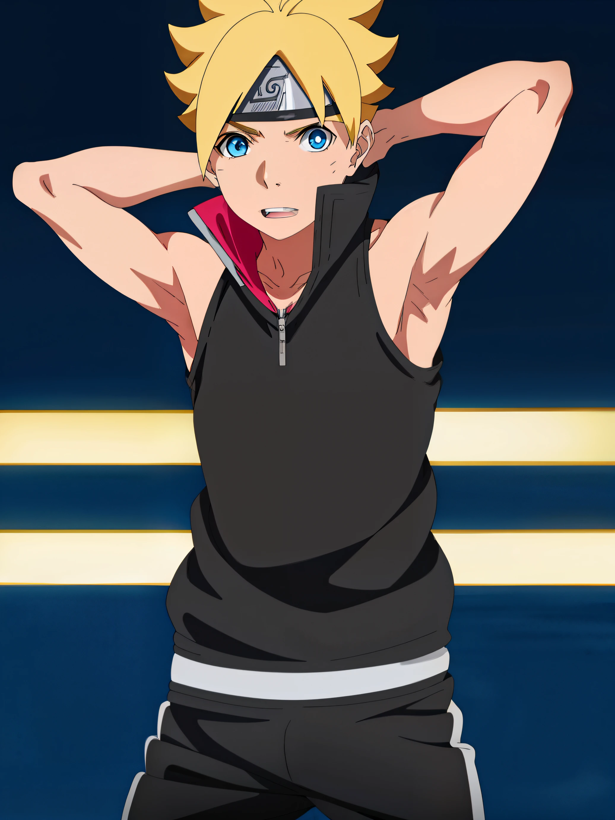 Masterpiece, ultra-detailed, Hight resulution, Boruto anime style, 1boy, male focus, Body, Uzumaki Boruto, Sleeveless hoodie, Bare shoulder, yellow hair, Blue eyes, look at viewer, Slim body, (Armpit:1.3), vibrant colors, Simple background, dinamic lighting, highly detailed , stylish, cool attitude, bokeh, blurry background,