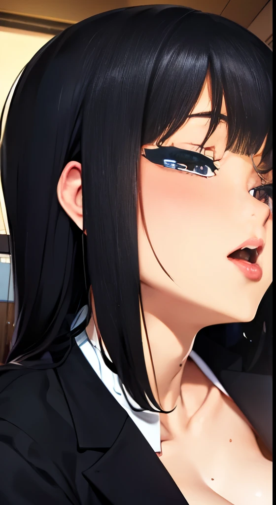 secretary、huge tit、BLACK color shortcut 、makeup、((sexy secretary)),((sweat,steam))、In front of the door、Bedroom entrance、Tongue licking、Detailed people、A detailed face、A detailed eye、Detailed background、bright red gloss slip、sexy shiny gloss lips、