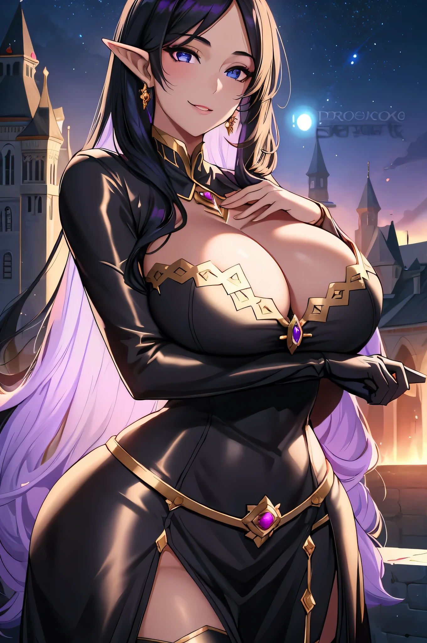 Lian, long black hair, long elf ears, dark elf, dark skin, hair stick, black clothes, bangs, blue eyes, solo, smiling, standing, upper body, hips, bare shoulders,purple thighhighs,violet dress, gold jewelry,armor,gloves,circlet, cleavage, red and gold royal castle, gigantic breasts, (best quality, masterpiece, beautiful and aesthetic:1.2, highest detailed face, perfect face,) eyes, perfect face,expressive eyes,
looking at viewer, in the center of the image,(Upper_body),(Focus on her face),
official art,extremely detailed CG unity 8k wallpaper, perfect lighting,Colorful, Bright_Front_face_Lighting,shiny skin,
(masterpiece:1.0),(best_quality:1.0), ultra high res,4K,ultra-detailed