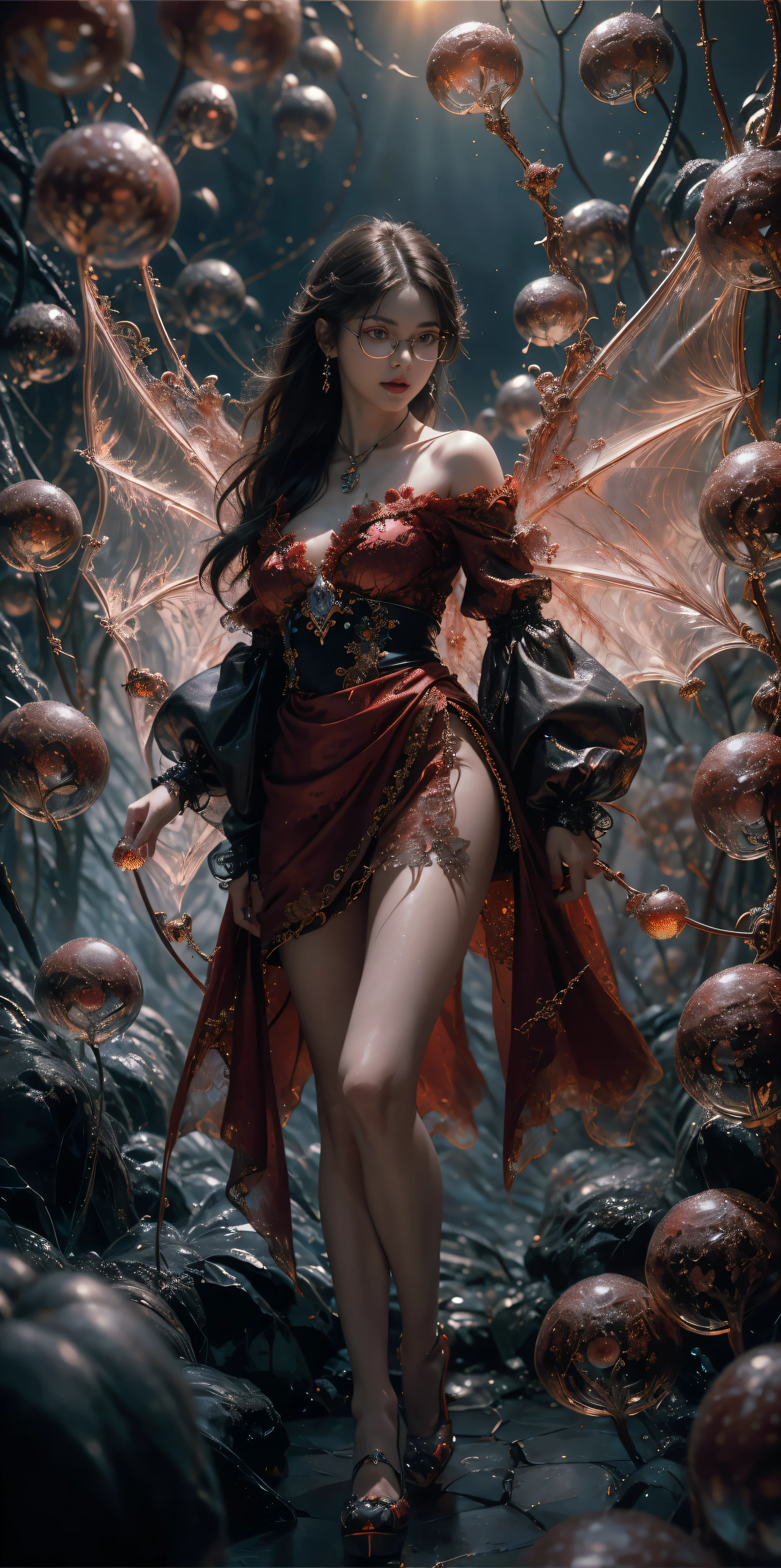 (The best illustrations)、realisitic、ultra-detailliert、The best lighting、Best Shadows、alluring succubus, ethereal beauty, perched on a cloud, (fantasy illustration:1.3), enchanting gaze, captivating pose, delicate wings, otherworldly charm, mystical sky, (Luis Royo:1.2), (Yoshitaka Amano:1.1), Dungeon and Dragon、caves、Dungeon、 A Necromancer、natta、Dark style、Succubus、Devil's Daughter、Bat Wings,(((Demon Hornlack-rimmed round glasses))))、(red eyes glowing:1.6)、beautiful countenance、Tindall Effect、(High Detail Skins:1.2) absurderes、Ponytail distortion、jewely、Beautiful expression、Toned waist、Wide buttocks、Tindall Effectmasuter piece、top-quality、Highest Standards、Top image quality、masutepiece、intricate detailes、High resolution、Depth Field、natural soft light、profetional lighting、Great smile、(High Detail Skin: 1.2)、photorealistic anime girl render、Strong highlights of the eyes、Perfect Anatomy、crotch open、Shy、Spreading your legs、Panties are visible、Skirt flipping、Body shiny with oilerectile nipple))、8K resolution、intricate clothing、Intricate details