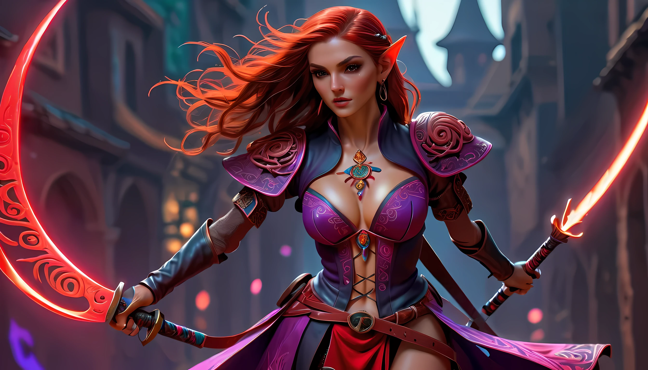 a picture of a female elf (intense details, Masterpiece, best quality: 1.5) fantasy swashbuckler, fantasy fencer, armed with a slim sword, shinning sword, metallic shine, colorful clothes, dynamic clothing, an ultra wide shot, full body (intense details, Masterpiece, best quality: 1.5)epic beautiful female elf (intense details, Masterpiece, best quality: 1.5), rich hair, braided hair, small pointed ears, GlowingRunesAI_red  [colorful magical sigils in the air],[ colorful arcane markings floating] (intricate details, Masterpiece, best quality: 1.6), holding a [sword] (intricate details, Masterpiece, best quality: 1.6) holding a [sword glowing in red light]fantasy urban street (intense details, Masterpiece, best quality: 1.5),  purple cloak, long cloak (intense details, Masterpiece, best quality: 1.5), sense of daring, sense of adventure,  high details, best quality, 8k, [ultra detailed], masterpiece, best quality, (extremely detailed), dynamic angle, ultra wide shot, photorealistic, RAW, fantasy art, dnd art,fantasy art, realistic art,