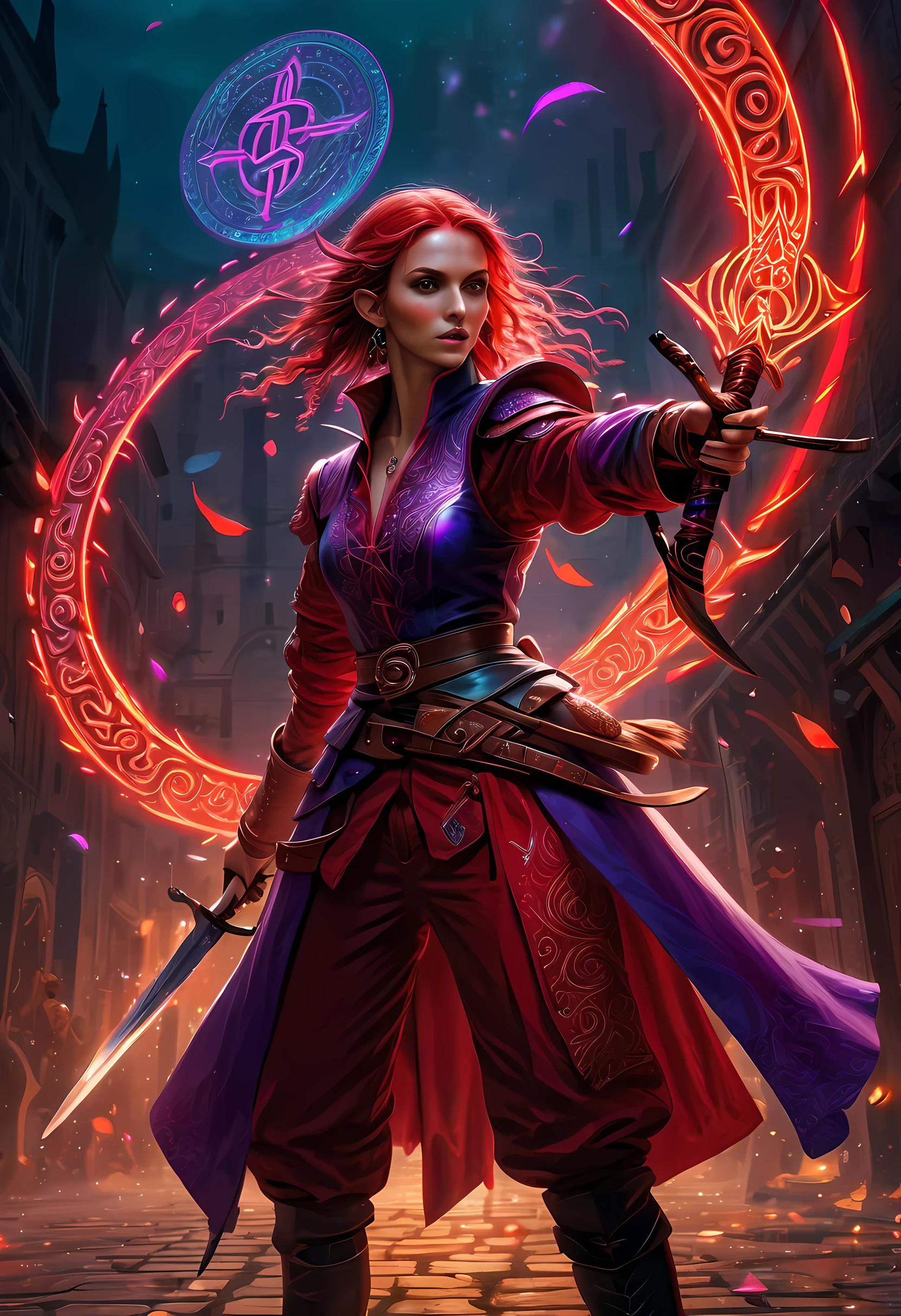 a picture of a female elf (intense details, Masterpiece, best quality: 1.5) fantasy swashbuckler, fantasy fencer, armed with a slim sword, shinning sword, metallic shine, colorful clothes, dynamic clothing, an ultra wide shot, full body (intense details, Masterpiece, best quality: 1.5)epic beautiful female elf (intense details, Masterpiece, best quality: 1.5), rich hair, braided hair, small pointed ears, GlowingRunesAI_red  [colorful magical sigils in the air],[ colorful arcane markings floating] (intricate details, Masterpiece, best quality: 1.6), holding a [sword] (intricate details, Masterpiece, best quality: 1.6) holding a [sword glowing in red light]fantasy urban street (intense details, Masterpiece, best quality: 1.5),  purple cloak, long cloak (intense details, Masterpiece, best quality: 1.5), sense of daring, sense of adventure,  high details, best quality, 8k, [ultra detailed], masterpiece, best quality, (extremely detailed), dynamic angle, ultra wide shot, photorealistic, RAW, fantasy art, dnd art,fantasy art, realistic art,