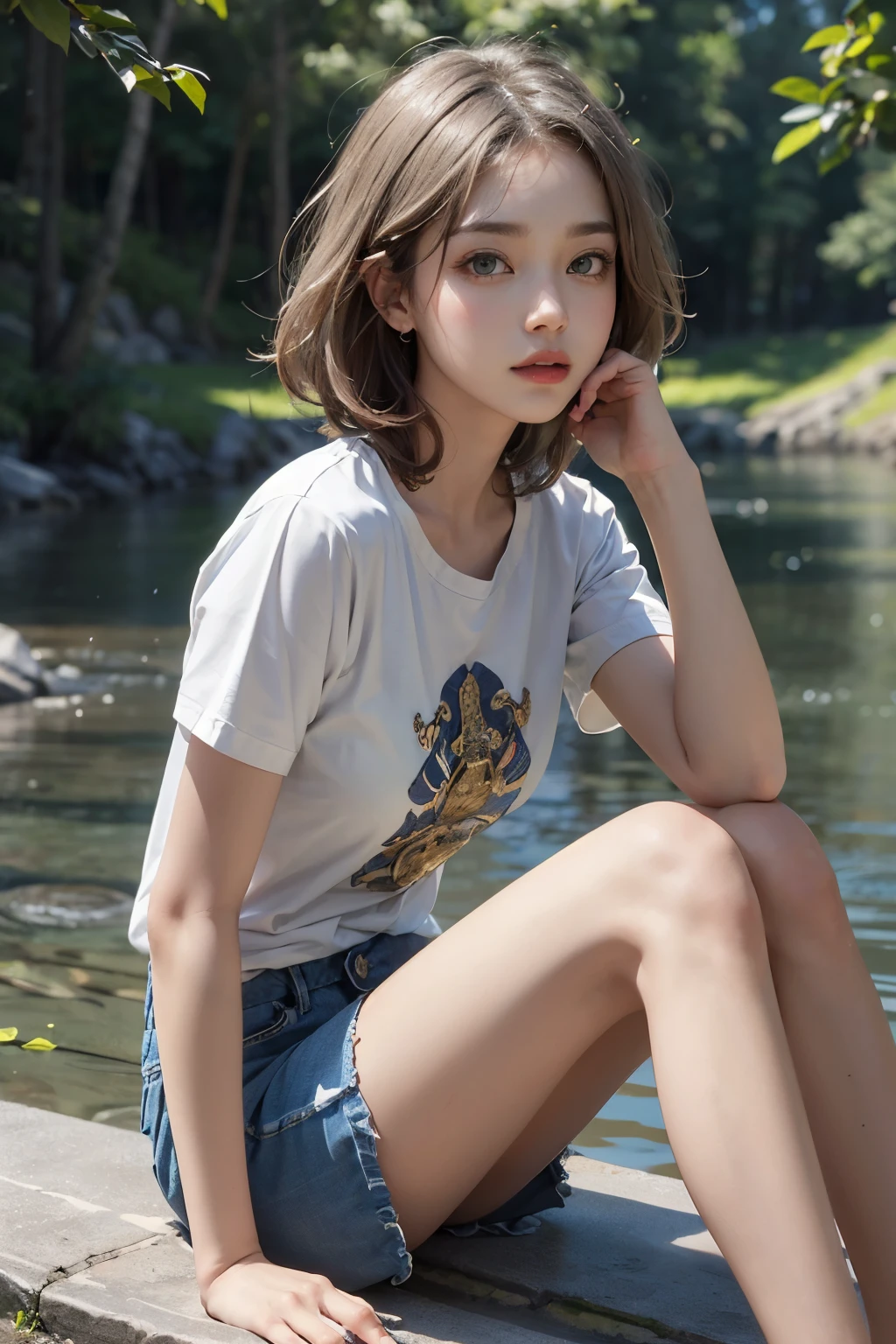 ((best quality)), ((Masterpiece)), (details), perfect face,Slim face, Beautiful eyes, detailsดวงตางดงาม, short golden gray hair, Very beautiful tits, Light shirt, Sitting with knees bent by the river, 