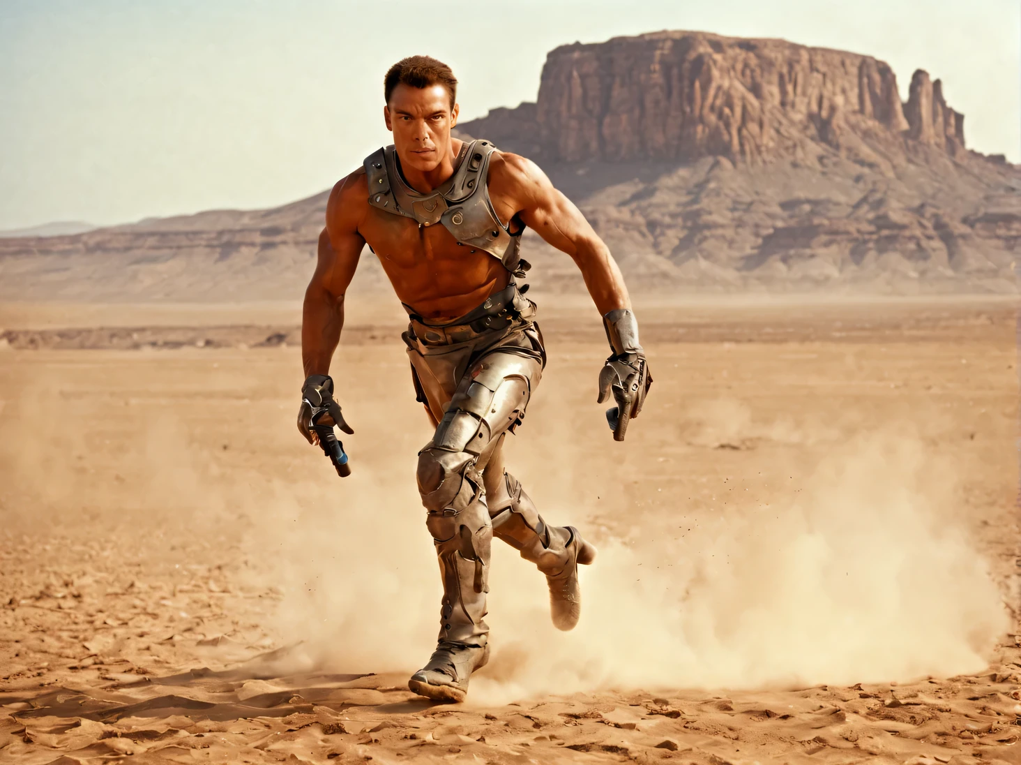 fight scene from a science fiction film directed by Roland Emmerich, Jean-Claude Van Damme, 25 years, kicks an old rusty cyborg in the desert of Mars, hot, sweat, day, Dynamic Scene