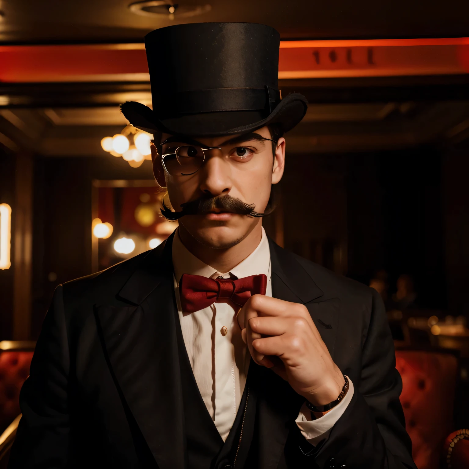 mustachioed man in suit with monocle and top hat red lights illuminate the room, he is in a food environment