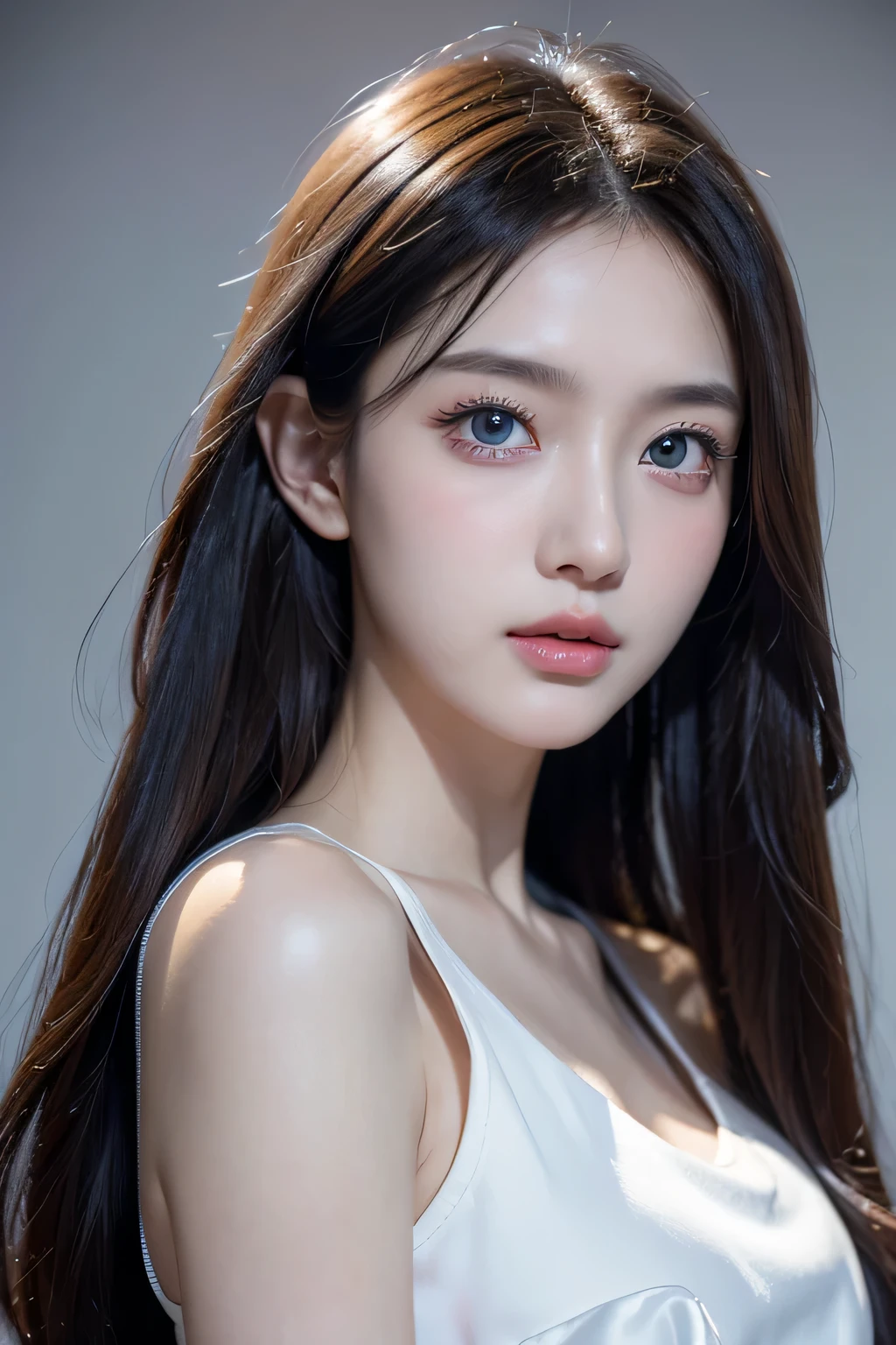 8k、High resolution、maid clothes fashion、beautiful girl、Android Body、young、white skin,、narrow eyes,high nose,lighting that illuminates the face、clear image、intellectual beauty、skinny、no makeup、anxious look、lighting that illuminates the face,shining hair、single eyelid,blue eyes
