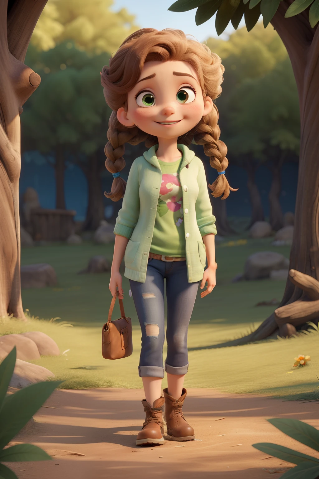 ((melhor qualidade)), ((obra de arte)), (detalhado), Aurora CARTOON appearance approximately 8 years old.
Cabelos castanhos e compridos, usually in braids.
Olhos verdes brilhantes.
Pele clara e sardenta.
Shy and gentle smile.
 Personalidade:

Doce e gentil.
Introverted and lonely.
Curiosa e imaginativa.
Amante da natureza e dos animais.
Leal e dedicada aos amigos.

 Vestimenta:
Wear simple, comfortable clothes, usually made of cotton or wool.
Gosta de usar vestidos floridos e blusas com babados.
Usa sapatos de couro ou botas para explorar o bosque.

brincava no bosque, ela encontrou uma pequena fada sentada em uma flor. A fada era linda, com asas brilhantes e cabelos longos e dourados. Aurora nunca tinha visto uma fada antes, e ficou encantada.