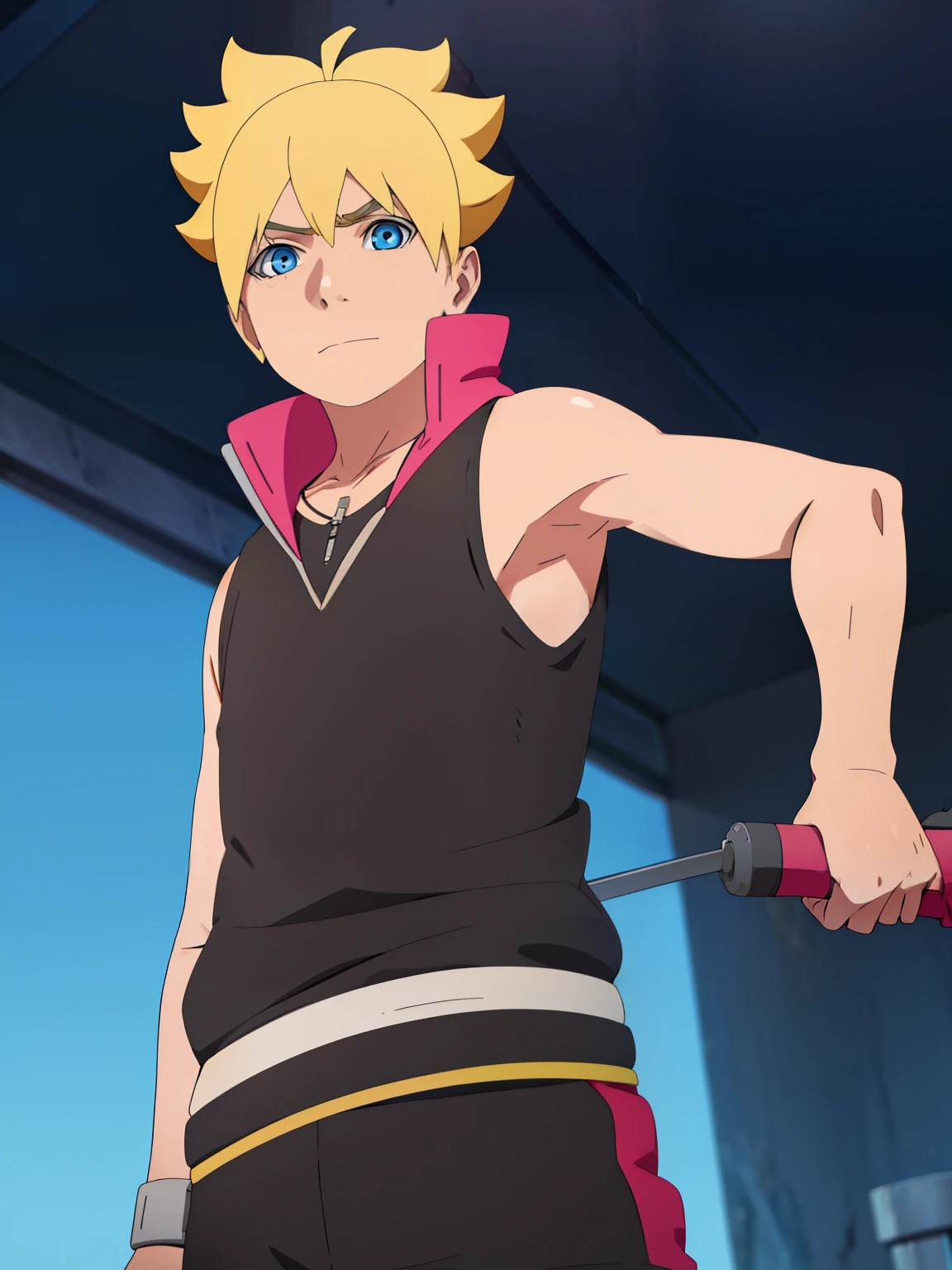 Masterpiece, ultra-detailed, Hight resulution, Boruto anime style, 1boy, male focus, Body, Uzumaki Boruto, Sleeveless hoodie, Bare shoulder, yellow hair, Blue eyes, look at viewer, Slim body, (Armpit:1.3), vibrant colors, Simple background, dinamic lighting, highly detailed , stylish, cool attitude, bokeh, blurry background,