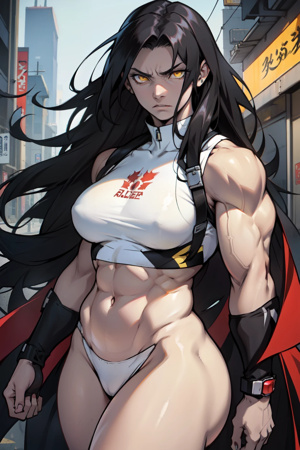 extremely long hair pale skin black hair yellow eyes angry girl ((muscular)) breasts