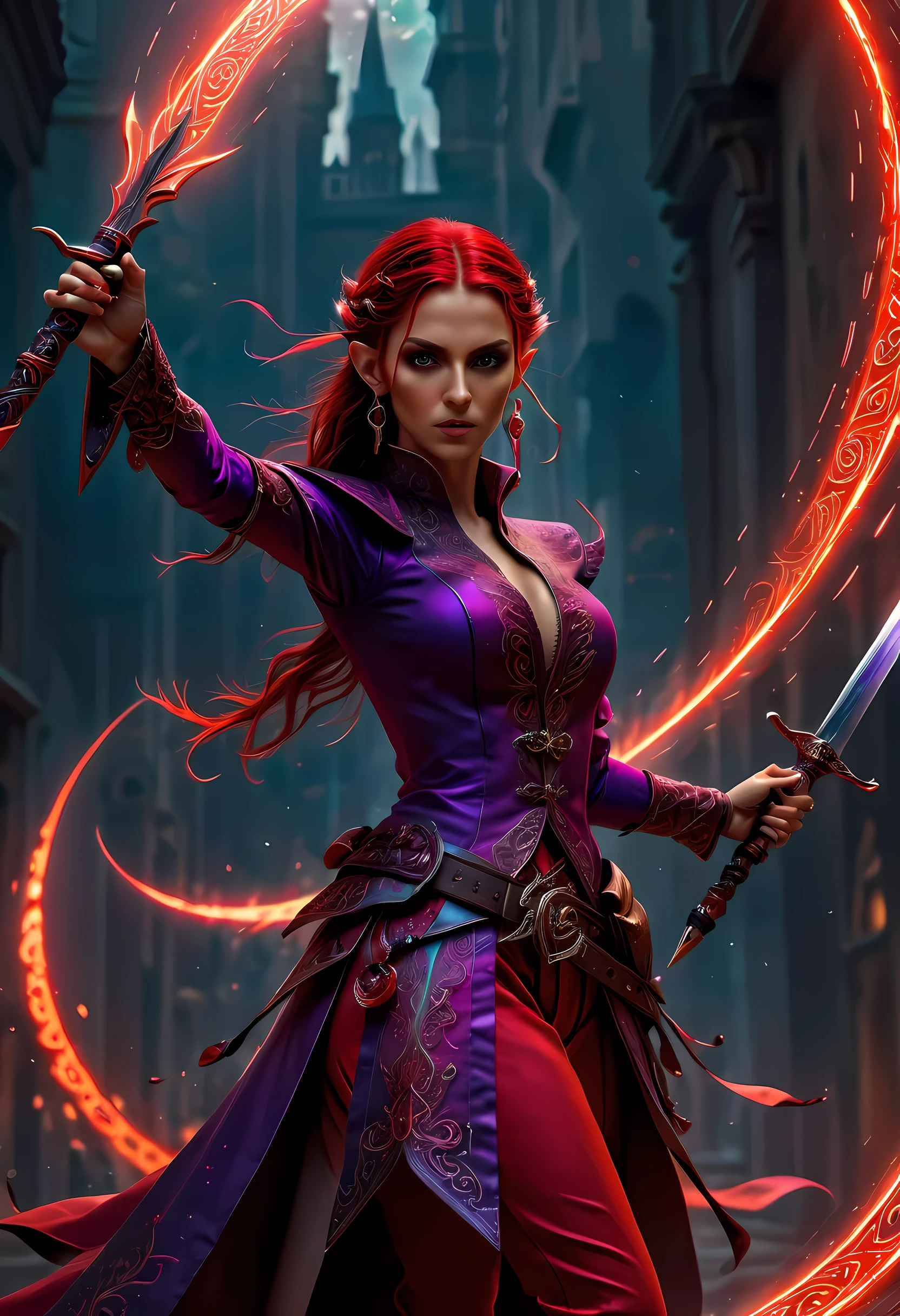 a picture of a female elf (intense details, Masterpiece, best quality: 1.5) fantasy swashbuckler, fantasy fencer, armed with a slim sword, shinning sword, metallic shine, colorful clothes, dynamic clothing, an ultra wide shot, full body (intense details, Masterpiece, best quality: 1.5)epic beautiful female elf (intense details, Masterpiece, best quality: 1.5), rich hair, braided hair, small pointed ears, GlowingRunesAI_red  [colorful magical sigils in the air],[ colorful arcane markings floating] (intricate details, Masterpiece, best quality: 1.6), holding a [sword] (intricate details, Masterpiece, best quality: 1.6) holding a [sword glowing in red light]fantasy urban street (intense details, Masterpiece, best quality: 1.5),  purple cloak, long cloak (intense details, Masterpiece, best quality: 1.5), sense of daring, sense of adventure,  high details, best quality, 8k, [ultra detailed], masterpiece, best quality, (extremely detailed), dynamic angle, ultra wide shot, photorealistic, RAW, fantasy art, dnd art,fantasy art, realistic art,