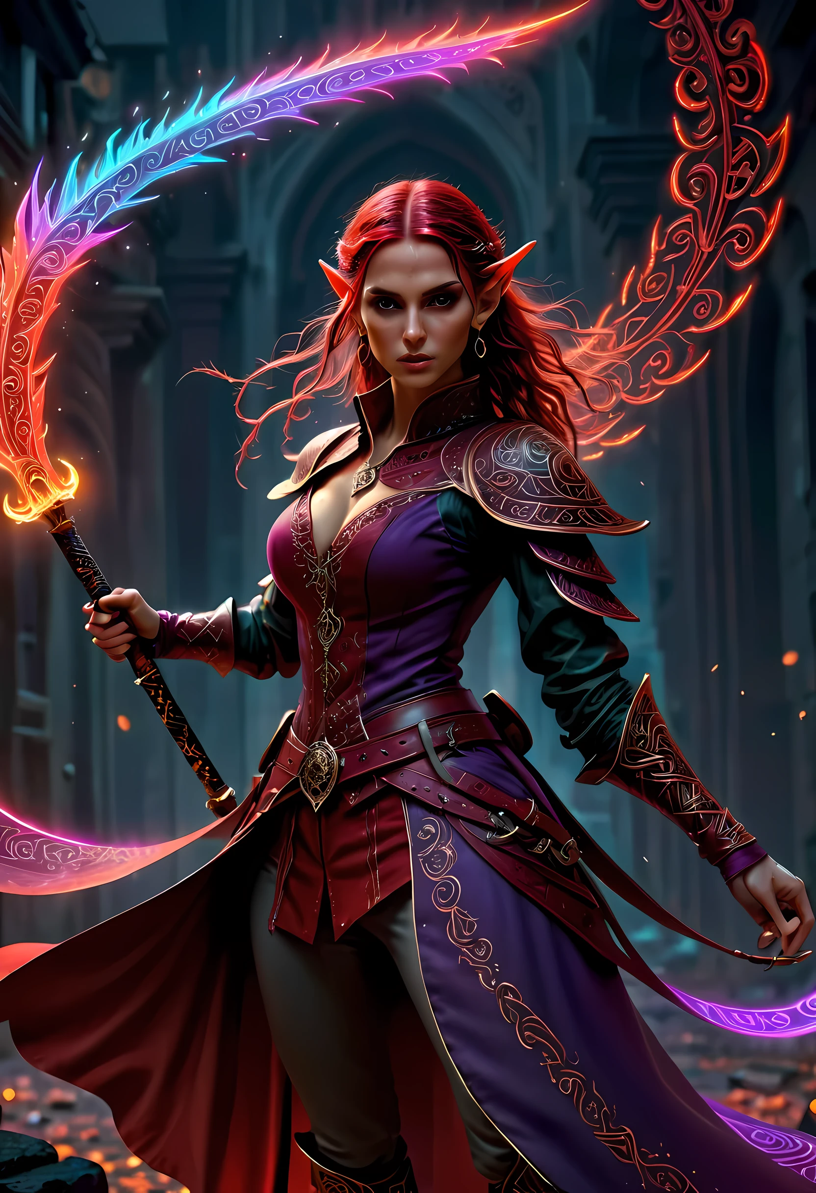 a picture of a female elf (intense details, Masterpiece, best quality: 1.5) fantasy swashbuckler, fantasy fencer, armed with a slim sword, shinning sword, metallic shine, colorful clothes, dynamic clothing, an ultra wide shot, full body (intense details, Masterpiece, best quality: 1.5)epic beautiful female elf (intense details, Masterpiece, best quality: 1.5), rich hair, braided hair, small pointed ears, GlowingRunesAI_red  [colorful magical sigils in the air],[ colorful arcane markings floating] (intricate details, Masterpiece, best quality: 1.6), holding a [sword] (intricate details, Masterpiece, best quality: 1.6) holding a [sword glowing in red light]fantasy urban street (intense details, Masterpiece, best quality: 1.5),  purple cloak, long cloak (intense details, Masterpiece, best quality: 1.5), sense of daring, sense of adventure,  high details, best quality, 8k, [ultra detailed], masterpiece, best quality, (extremely detailed), dynamic angle, ultra wide shot, photorealistic, RAW, fantasy art, dnd art,fantasy art, realistic art,