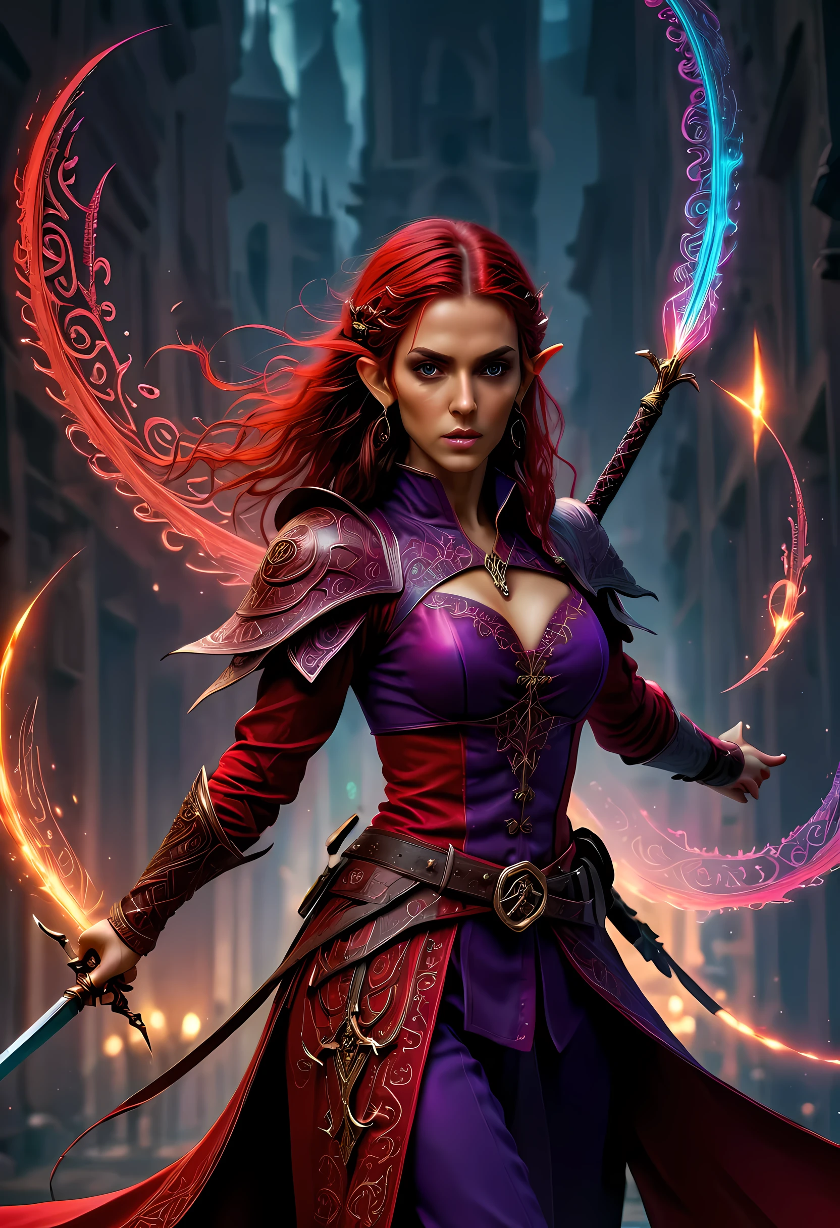 a picture of a female elf (intense details, Masterpiece, best quality: 1.5) fantasy swashbuckler, fantasy fencer, armed with a slim sword, shinning sword, metallic shine, colorful clothes, dynamic clothing, an ultra wide shot, full body (intense details, Masterpiece, best quality: 1.5)epic beautiful female elf (intense details, Masterpiece, best quality: 1.5), rich hair, braided hair, small pointed ears, GlowingRunesAI_red  [colorful magical sigils in the air],[ colorful arcane markings floating] (intricate details, Masterpiece, best quality: 1.6), holding a [sword] (intricate details, Masterpiece, best quality: 1.6) holding a [sword glowing in red light]fantasy urban street (intense details, Masterpiece, best quality: 1.5),  purple cloak, long cloak (intense details, Masterpiece, best quality: 1.5), sense of daring, sense of adventure,  high details, best quality, 8k, [ultra detailed], masterpiece, best quality, (extremely detailed), dynamic angle, ultra wide shot, photorealistic, RAW, fantasy art, dnd art,fantasy art, realistic art,