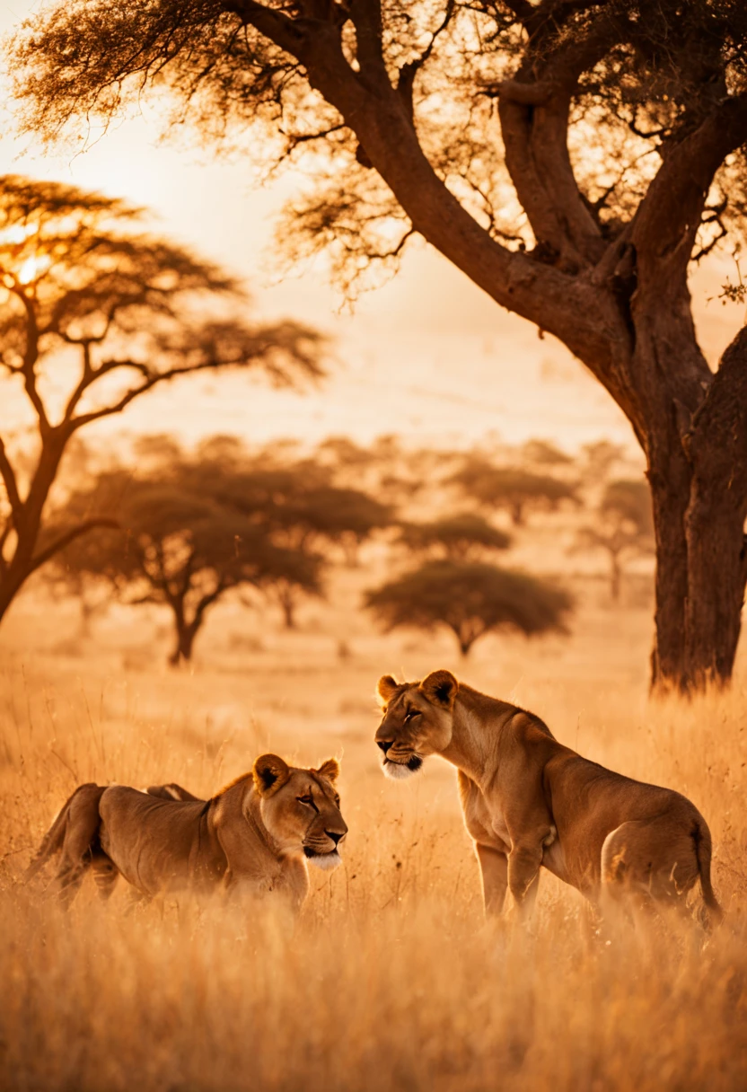 cinematic film still {A film shot featuring a serene moment in a realistic, sprawling African savannah at dawn, a pride of lions resting under an acacia tree, warm sunrise colors bathing the scene, shot with a Nikon D3, Focal length 70mm} . shallow depth of field, vignette, highly detailed, high budget, bokeh, cinemascope, moody, epic, gorgeous, film grain, grainy