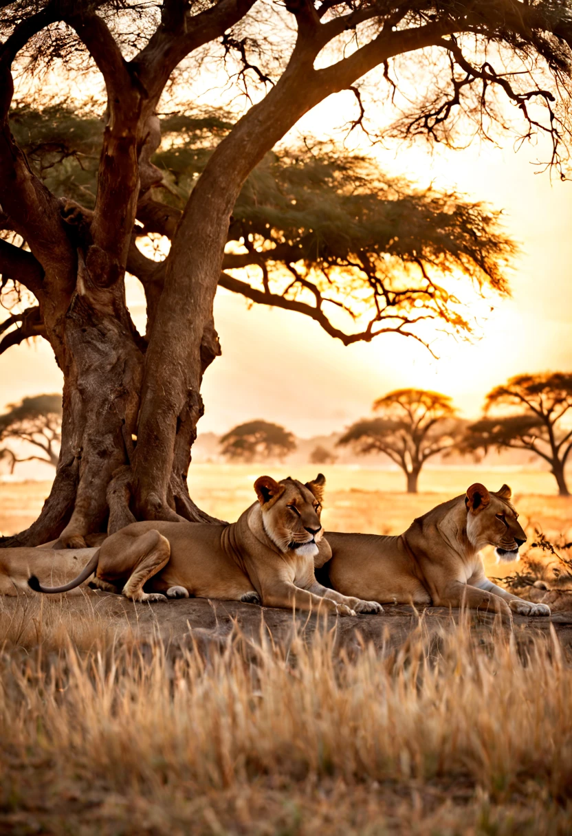 cinematic film still {A film shot featuring a serene moment in a realistic, sprawling African savannah at dawn, a pride of lions resting under an acacia tree, warm sunrise colors bathing the scene, shot with a Nikon D3, Focal length 70mm} . shallow depth of field, vignette, highly detailed, high budget, bokeh, cinemascope, moody, epic, gorgeous, film grain, grainy