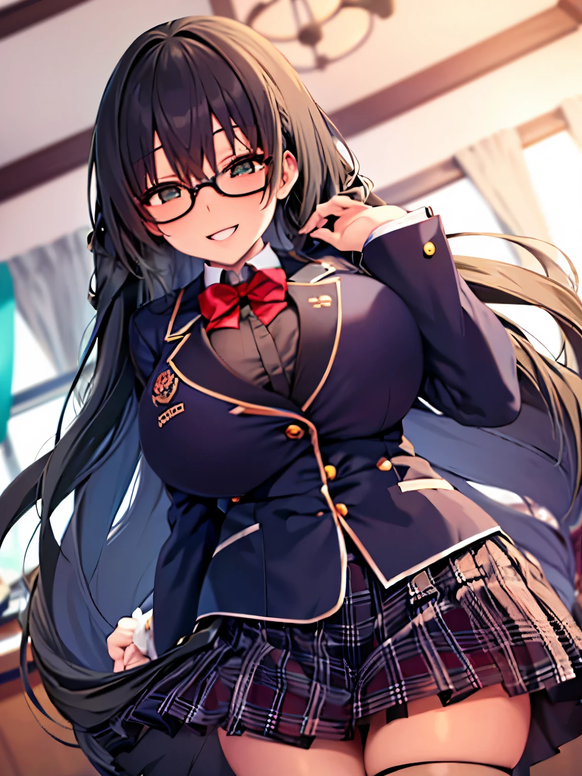 high quality，masterpiece。cute woman。Her hair is black and long，Hair style is straight。she looks tall。Her breasts are huge and very big，The style is also good。She has a cute face that looks good with glasses and is smiling with glasses on.。Clothes are school uniforms，It&#39;s a blazer。The uniform skirt and stockings are black.。she is standing in the classroom。