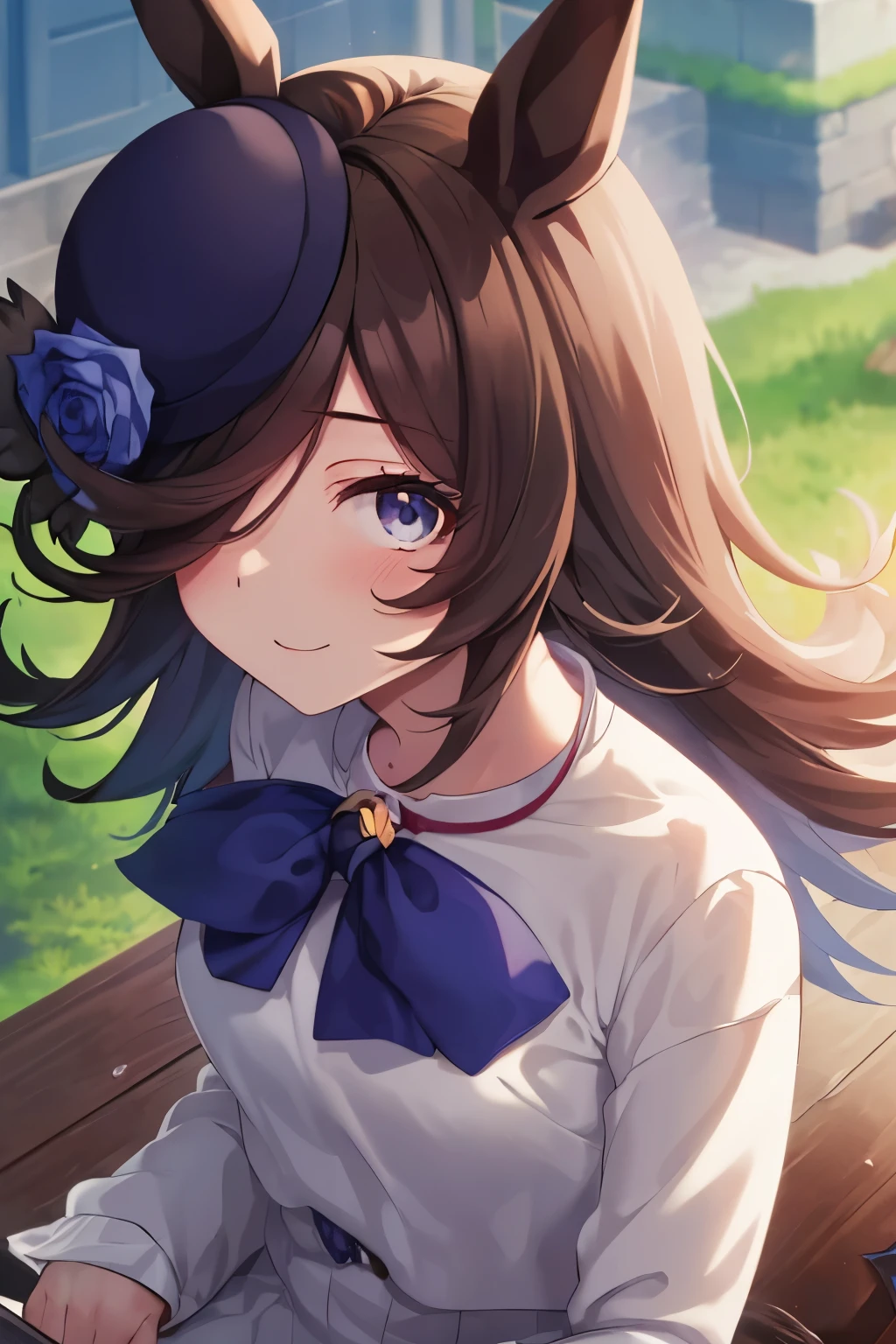 (table top.highest quality).(dynamic angle). (CG painting with very impressive details),(perfect image)、comic strip.shape.1 girl.detailed face、perfect face.delicate face、girl wearing a delicate uniform、rough skin、black hair.length、(Umamimi Girl)Umamimi Girl、((beautiful blue eyes)).delicate and beautiful eyes、fine eyes、reflected eyes、smile.(look at the audience:1.3).(face is a little red:0.8)、8k wallpaper、cowboy shot、reflected light、most detailed、Complex、The delicate background is outdoors、girl sitting on a bench、rough skin、fine skin、(super resolution)、wearing a uniform