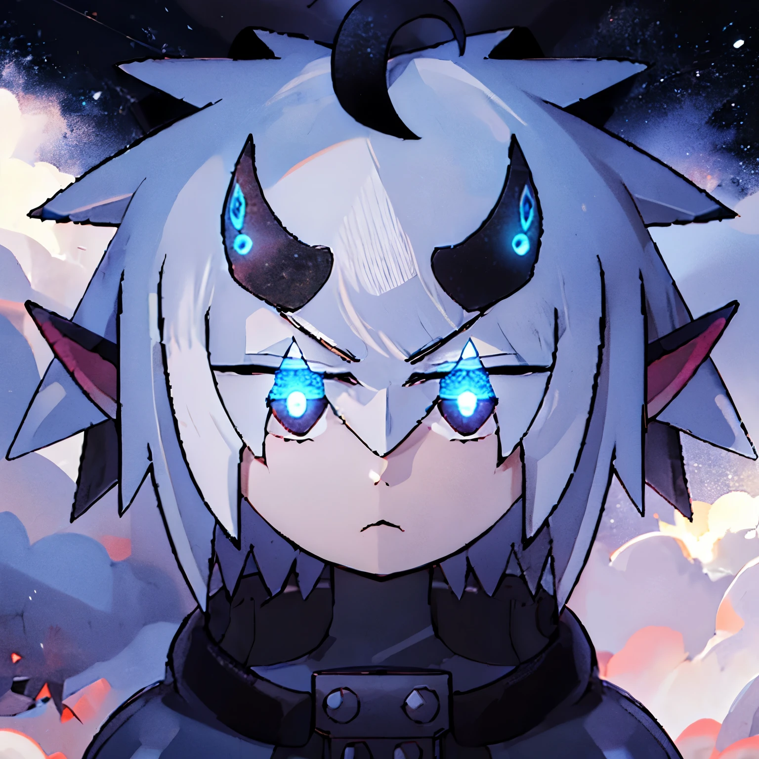 um garoto oni, Clouded sky, Snowy scenery, chifres, orelhas pontudas, chifres vermelhos, cabelos brancos, olhos vemelhos brilhantes, serious expression, arvores no fundo, 
